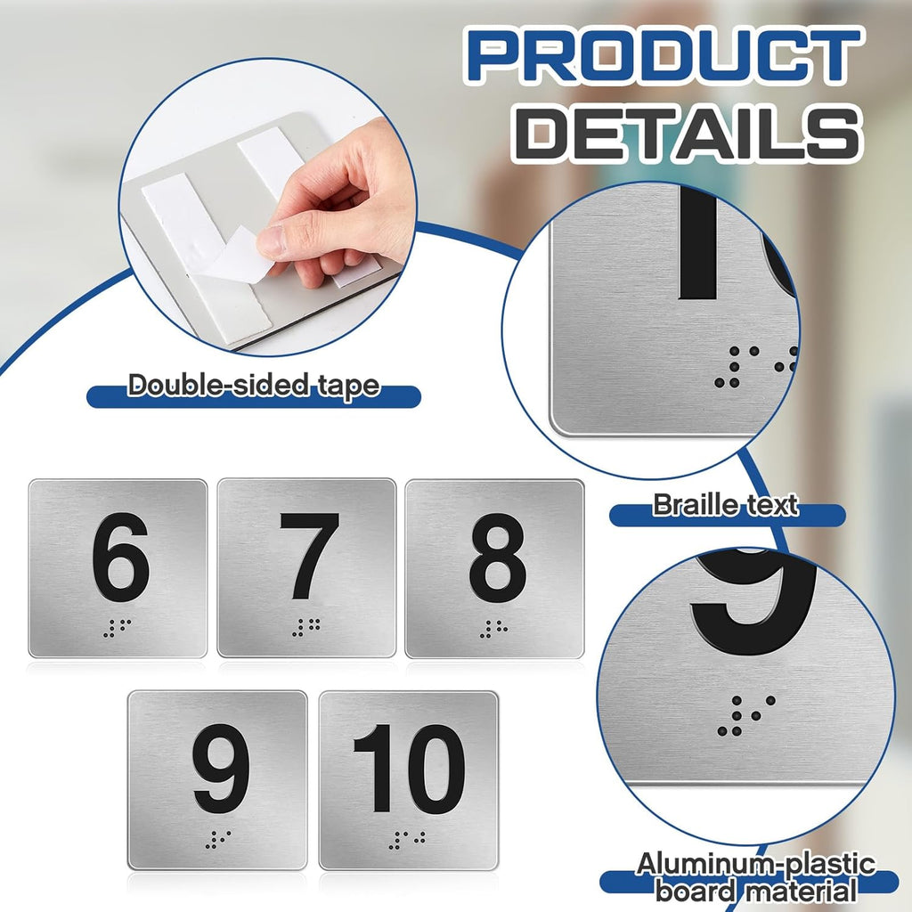 Exam Room Sign Numbers 6-10 with Braille and Tactile 4" x 4" Identification Signs Numbers for Exam Rooms Offices Educational Institution Directional Assistance Test Center, Silver/Black