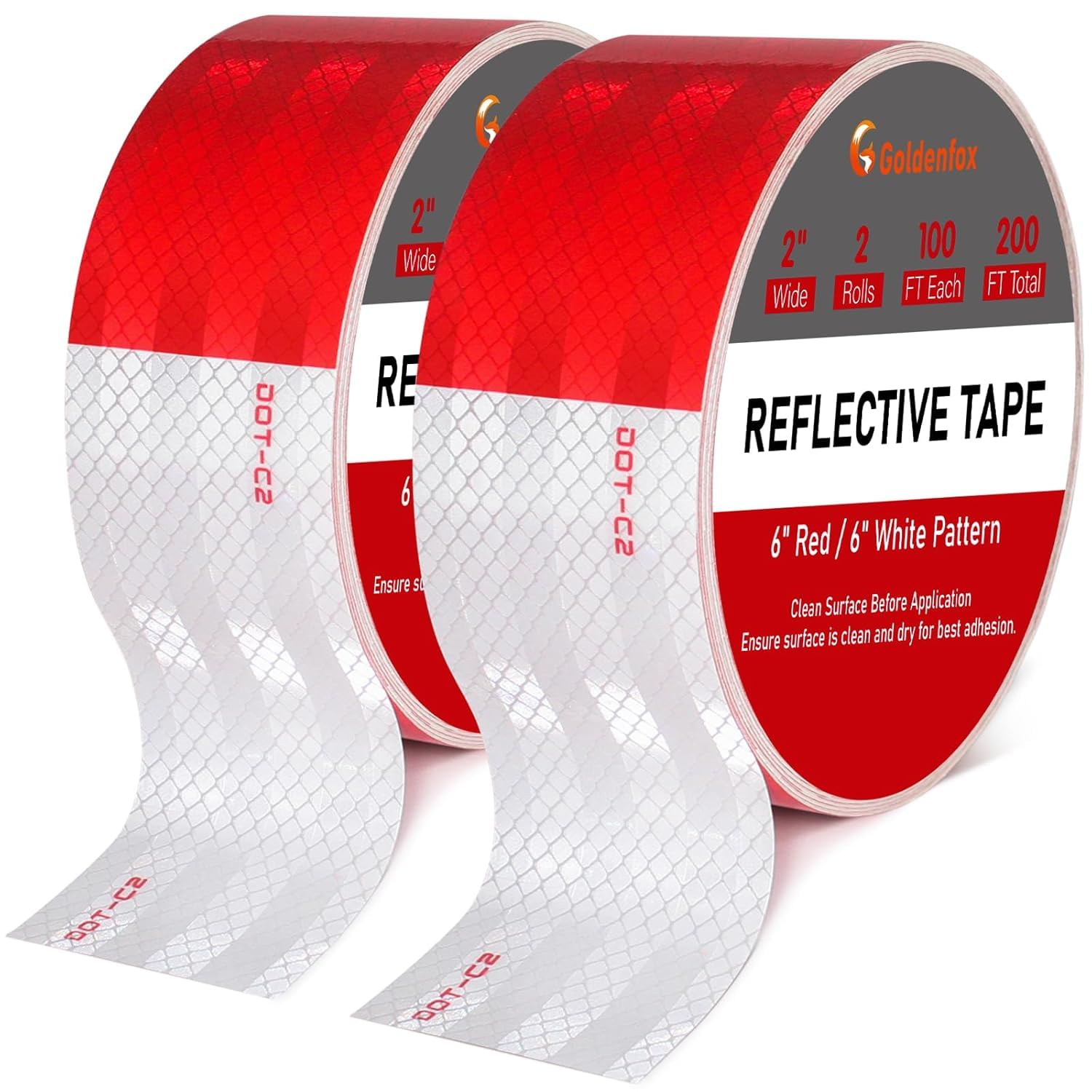 Golden Fox DOT-C2 Reflective Tape, 2 Inch x 200 Feet, Outdoor Waterproof with Strong Adhesive, Red and White, High Visibility for Trailers, Vehicles, Boats, Signs