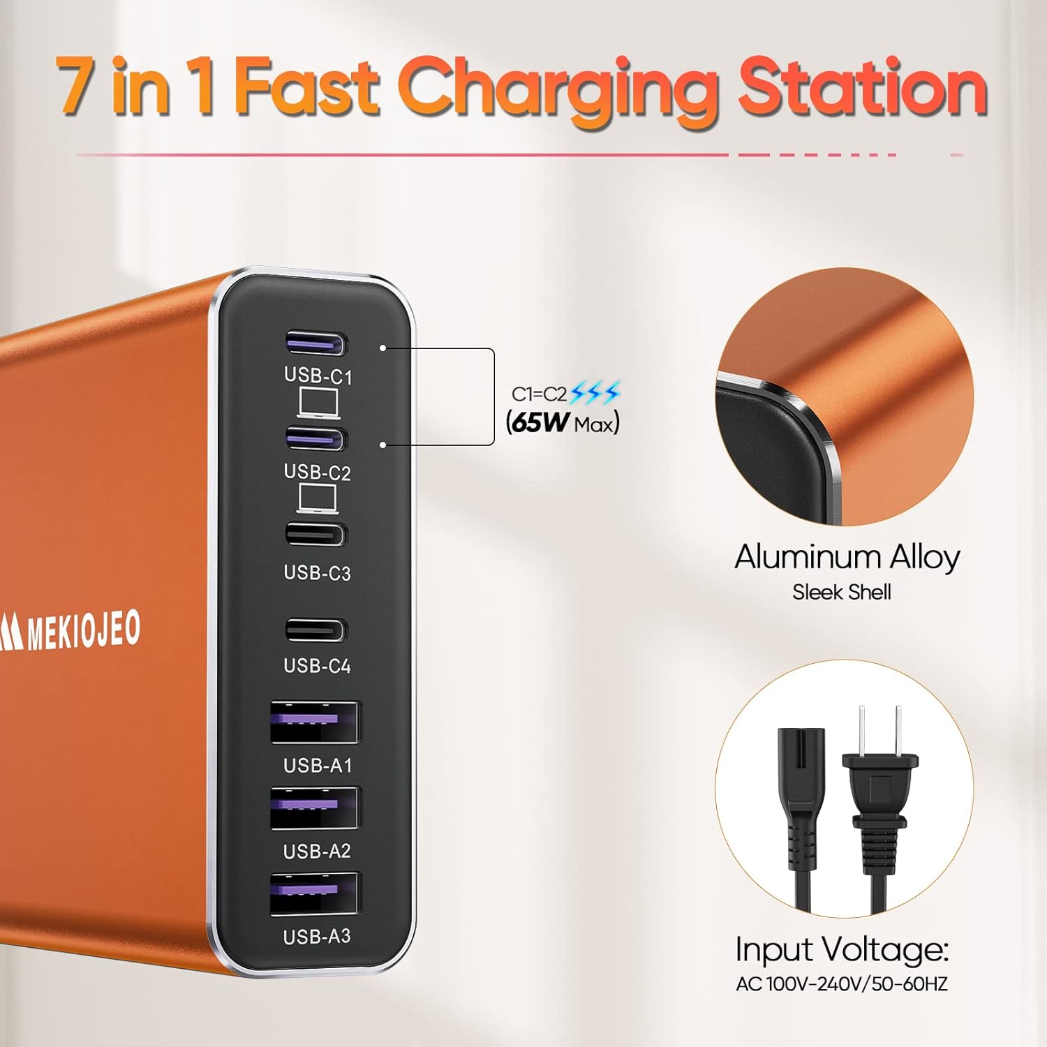 Aluminum Alloy USB C Charger GaN Charger Fast USB C Charging Station 7 Ports 65W Laptop for MacBook Pro/Air/iPad Pro/iPhone (Orange-4C3A)