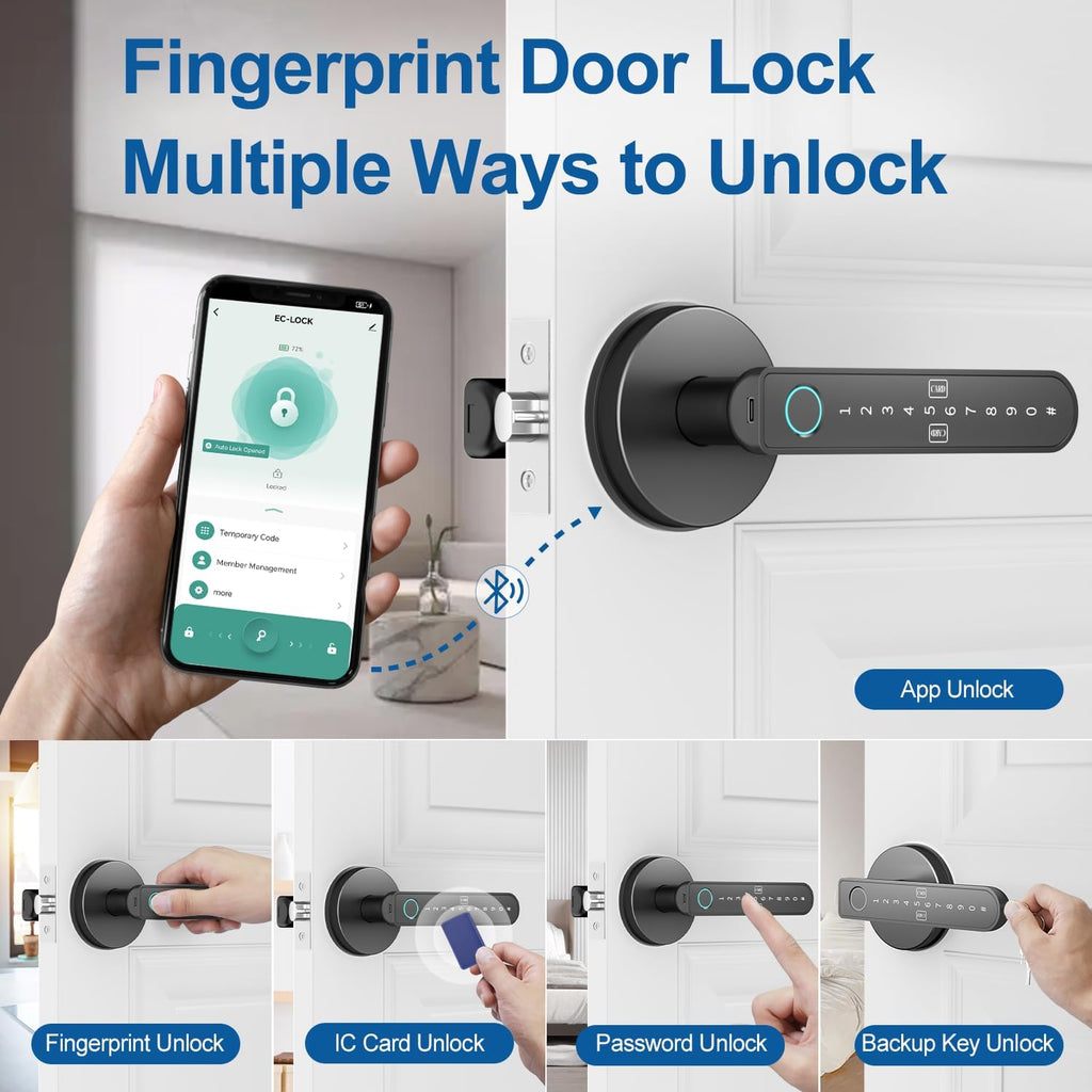 Fingerprint Door Lock – Fingerprint Door Knob Knob with 5 Unlock Options, Anti-Peep Code, Adjustable Auto-Lock, Inside Lock, for Home, Office, Apartment, Bedroom – Black