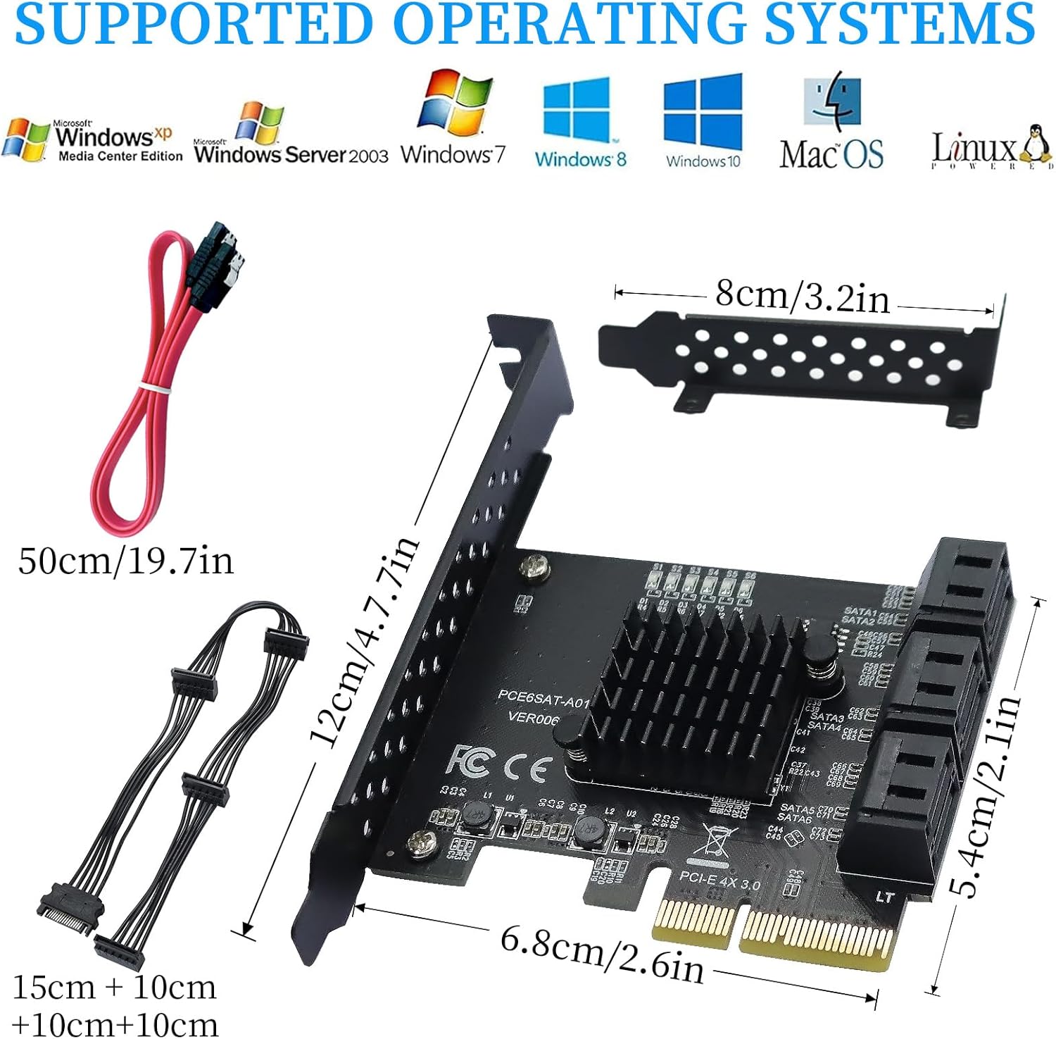 PCIe SATA Expansion Card 6 Ports 4X with ASM1166 Chip - 6Gbps, Gen 3 Controller Adapter, Non-Raid, with 6 SATA Cables & Low - Profile Bracket, Plug and Play for Windows XP/7/8/10, Linux, MAC OS