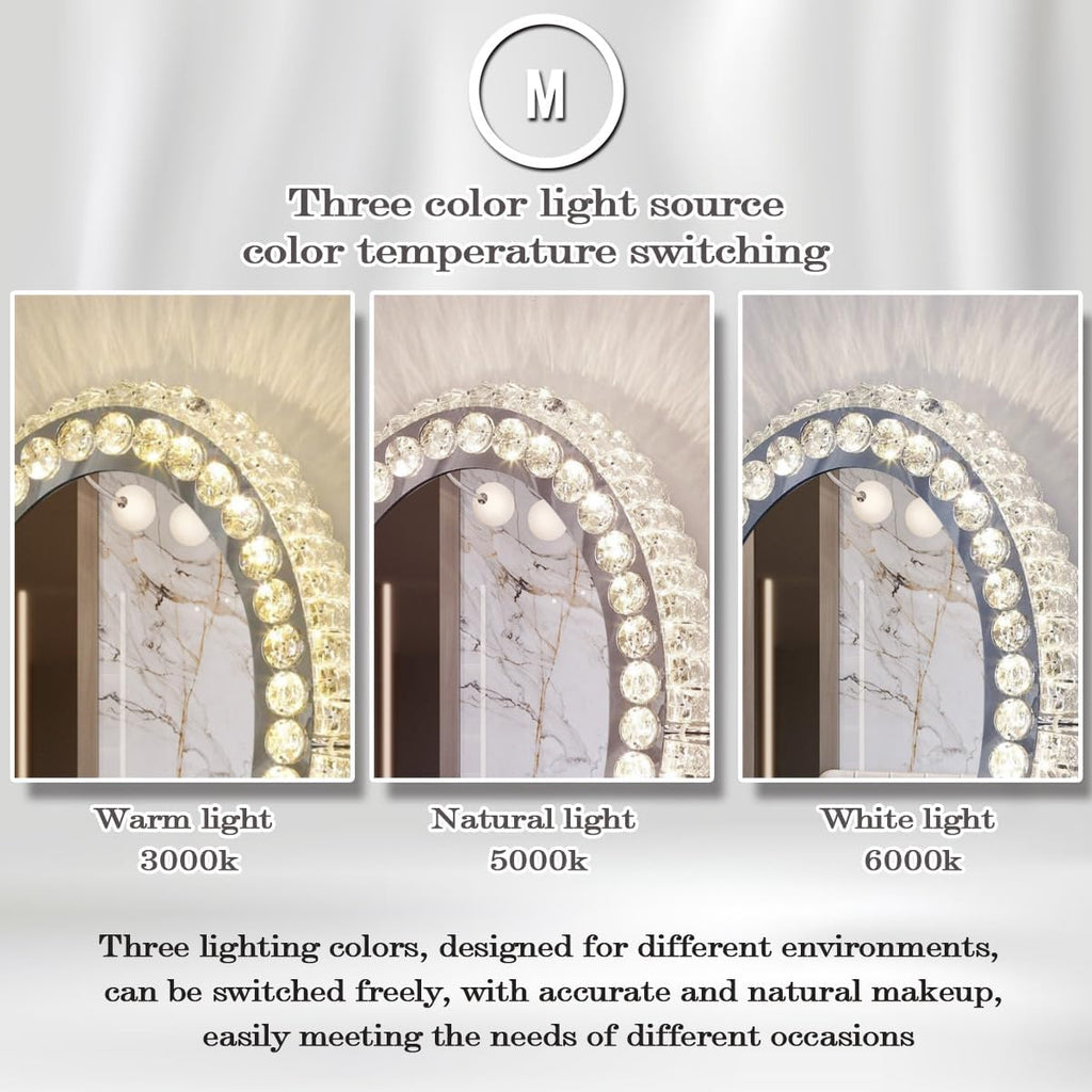 Hollywood Oval Crystal Vanity Mirror with Lights 3 Color Dimmable Large Oval Crystal Lighted Makeup Mirror for Tabletop Desk Vanity Mirror with Lights 360°Rotation Smart Crystal Oval LED Makeup Mirror