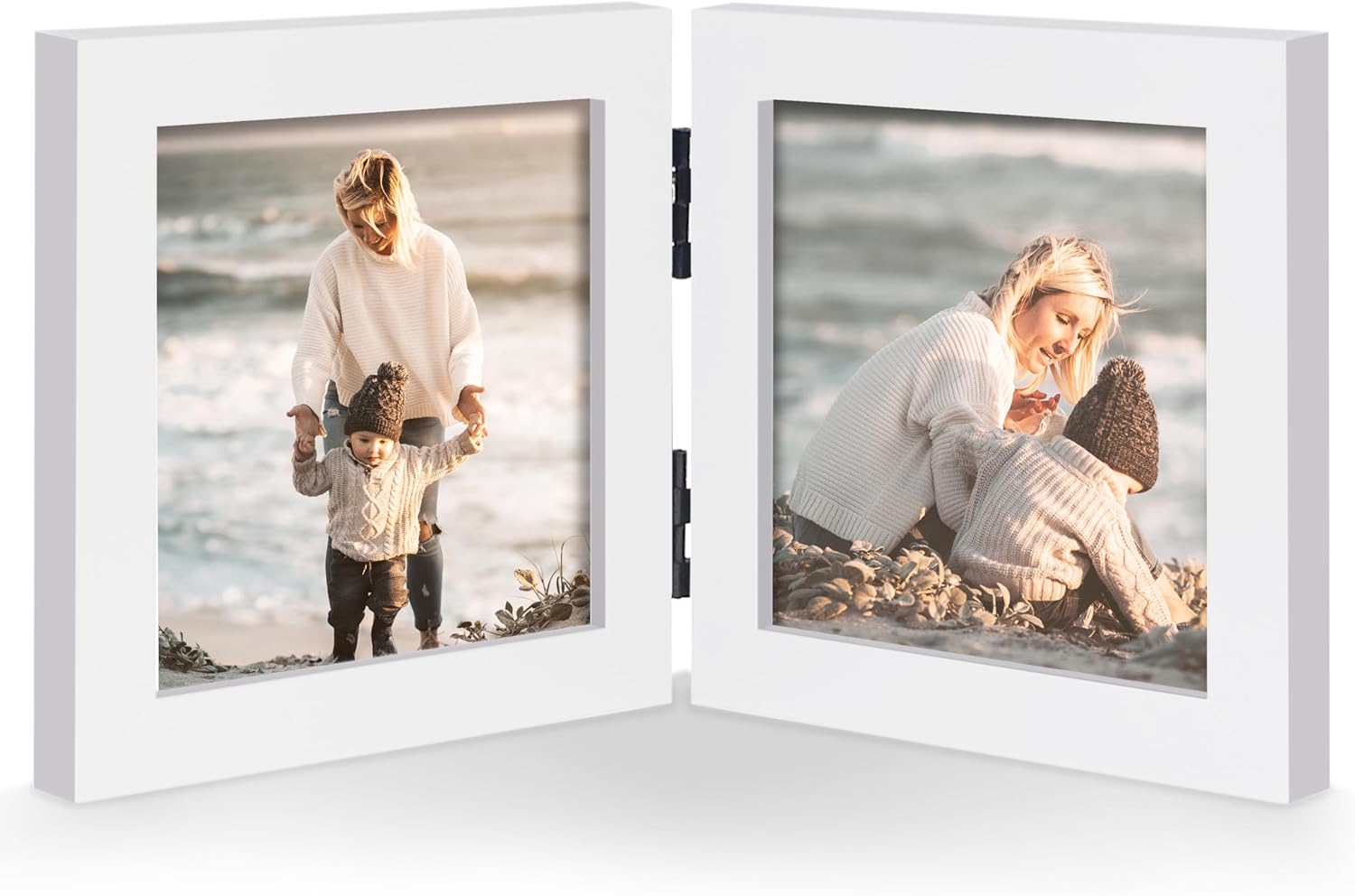 Double 4x4 Square Combo, White Wood Picture Frame, 3.5x3.5 Opening Foldable Photo Frame on Table-top or Wall