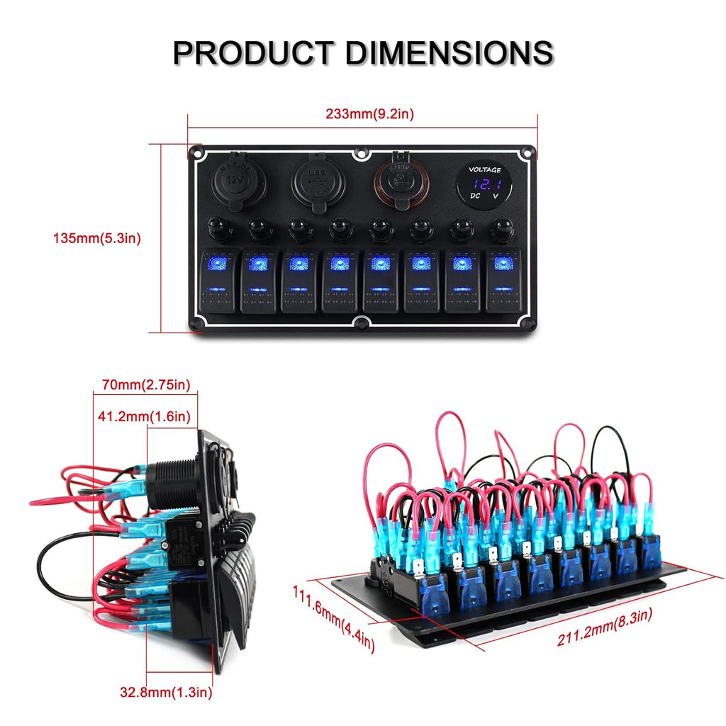 Marine Switch Panel Waterproof,8 Gang Boat Rocker Switch Panel,Multi-Function Toggle Light Switch Panel with Dual USB and Voltmeter Panel for RVs, Cars, Boats, Trucks,Trailers - 12-24V