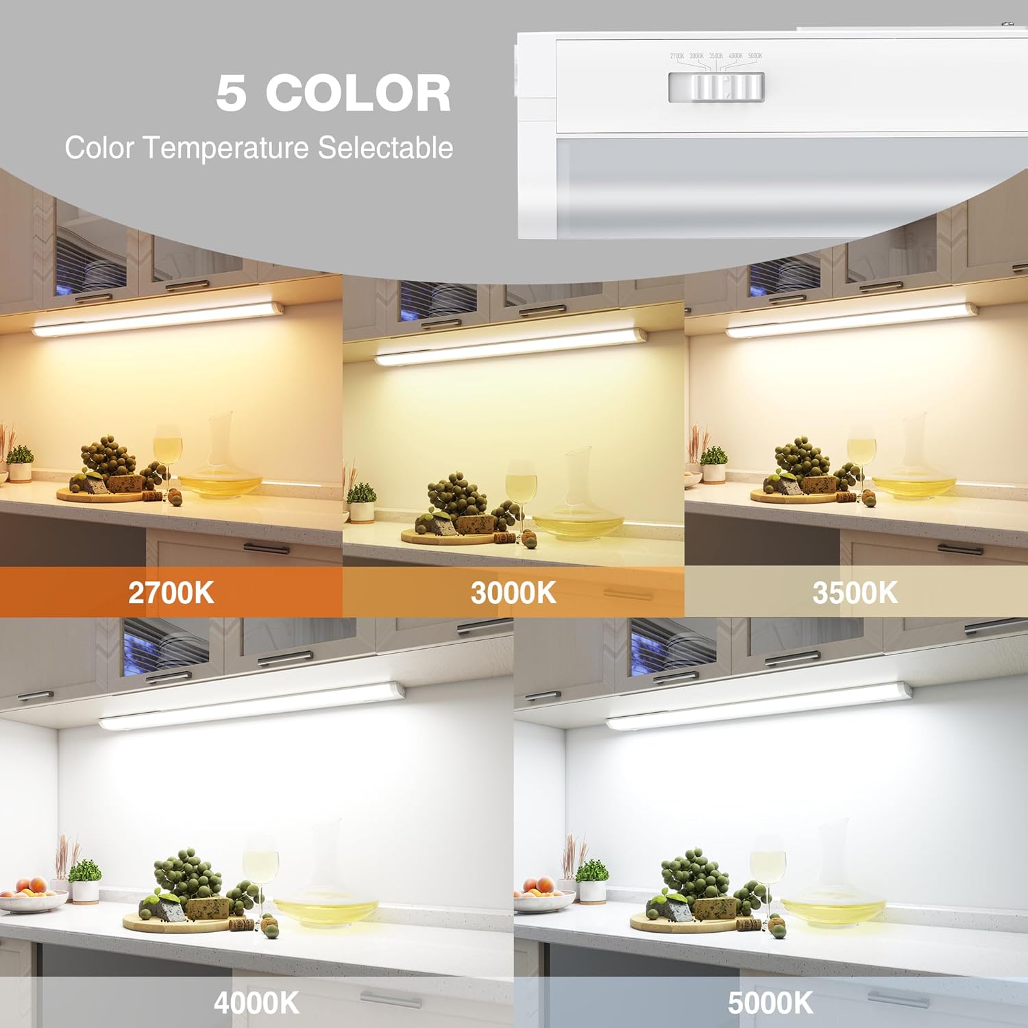 24inch Linkable Under Cabinet Lighting Hardwired Plug-in, Wired led Under Cabinet Lights with 5 CCT (2700/3000/3500/4000/5000) & Dimmable, Under Counter Lights for Kitchen, 15W, 1500LM, 1 Pack