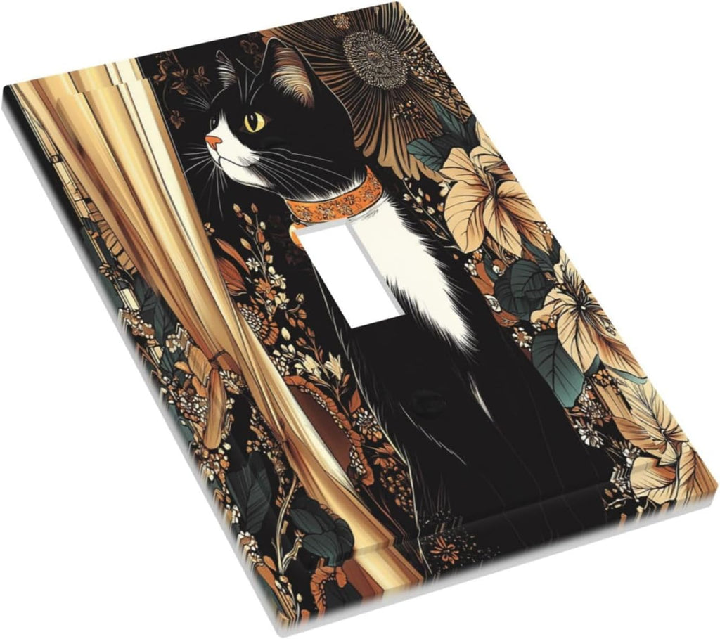 Decorative Light Switch Cover Boho Mandala Floral Black Cat Vintage Flower 1 Gang Single Toggle Device Electrical Faceplate Switchplates Decorator Outlet Wall Plate For Farmhouse Home