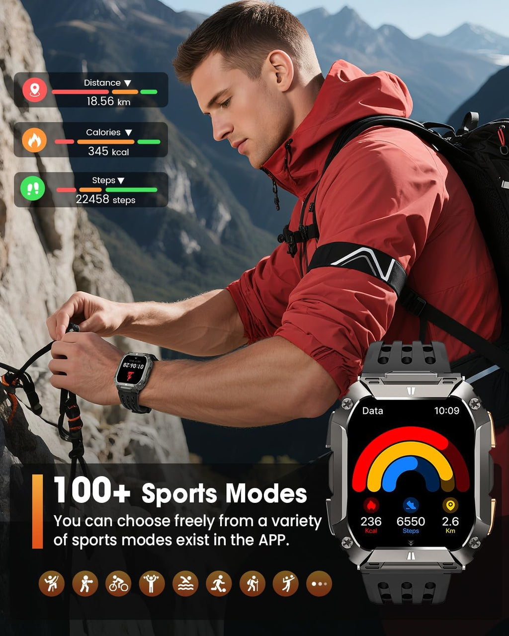 Smart Watches for Men, Military Smart Watch with 100 Days Battery/LED Flashlight, 1.95'' Fitness Watch with Heart Rate/ Sleep Monitor/100+ Sports Mode, 5 ATM Rugged Smartwatch for Android and iPhone
