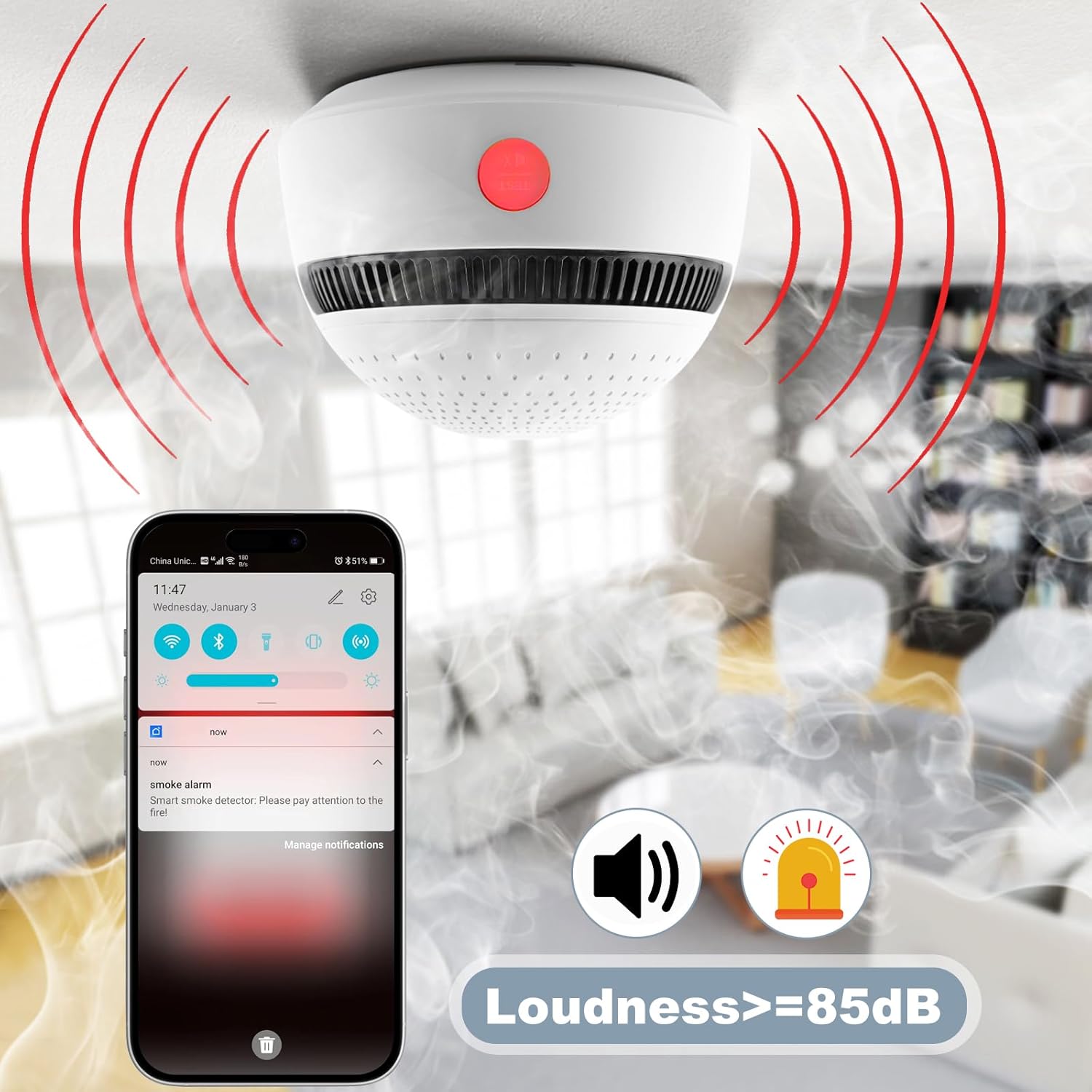 1-Pack Smart Smoke Detector,Wi-Fi Smoke Detector with Smart Life App Notifications,10-Year Replaceable Battery,Mini Fire Alarm Battery Powered for Home, RV