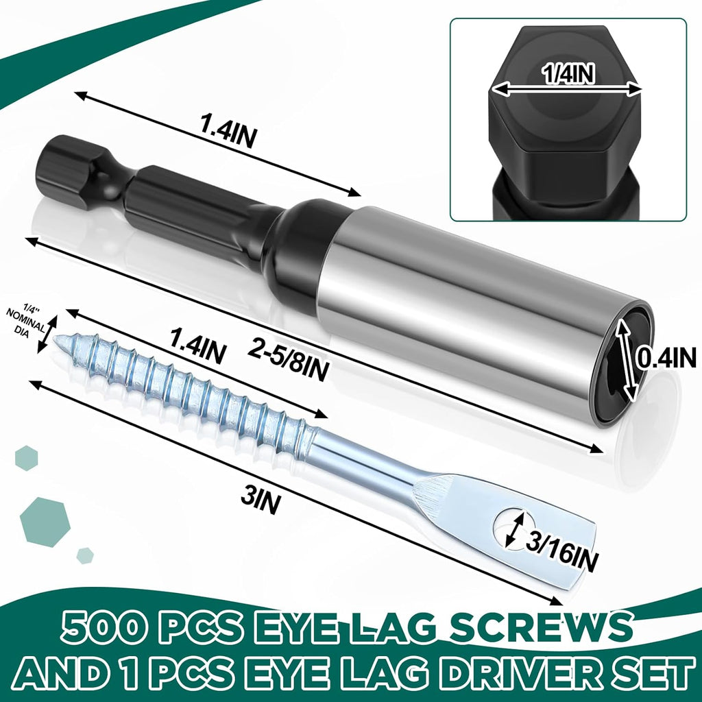 500 Pcs Eye Lag Screws and 1 Pcs Driver Set, 1/4 Inch x 3 Inch Eye Lag Wood Screws Zinc Plated 2-5/8 Inch Quick Install Bit Kit for Use with Attaching Hanger Wire to Ceiling Joists