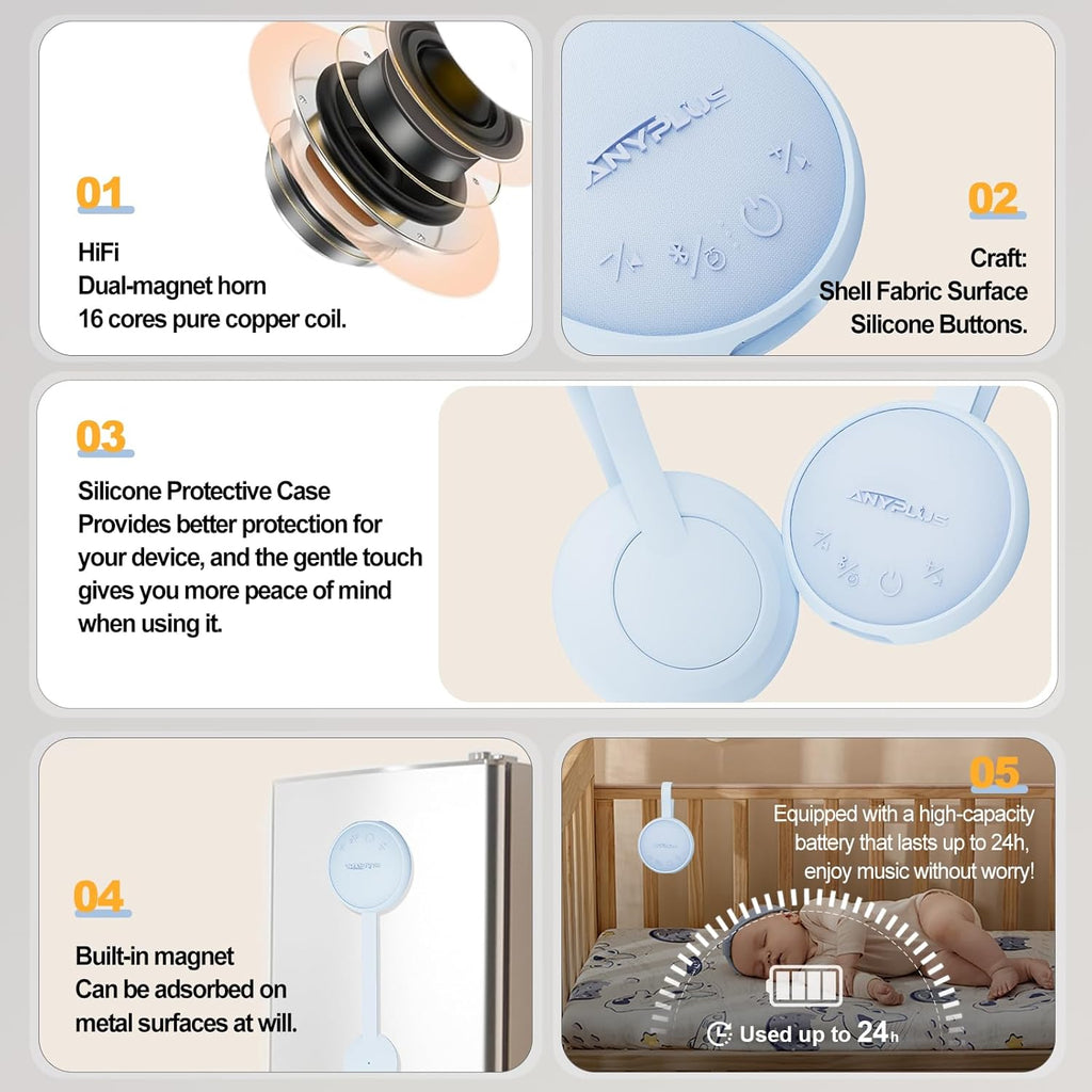 White Noise Sound Machine, Portable Sound Machine for Sleeping Adults & Baby, with Bluetooth 5.1/24 Soothing Sounds/Battery Powered/3 Timer Memory Function for Office/Bedroom/Travel（Blue）