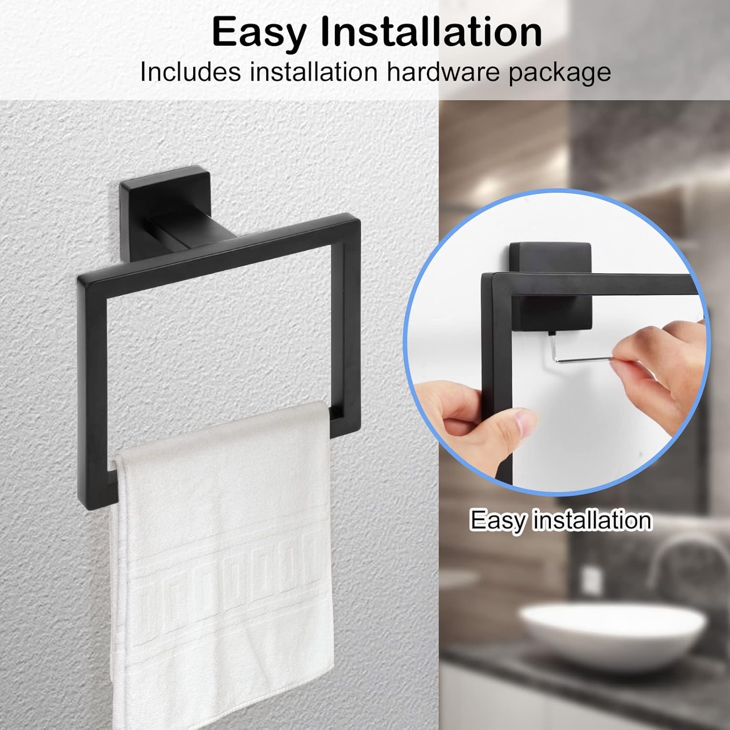 2-Piece Matte Black Square Towel Ring,Modern Hand Towel Holder for Bathroom,Stainless Steel Towel Hangers Wall-Mounted Bathroom Accessories