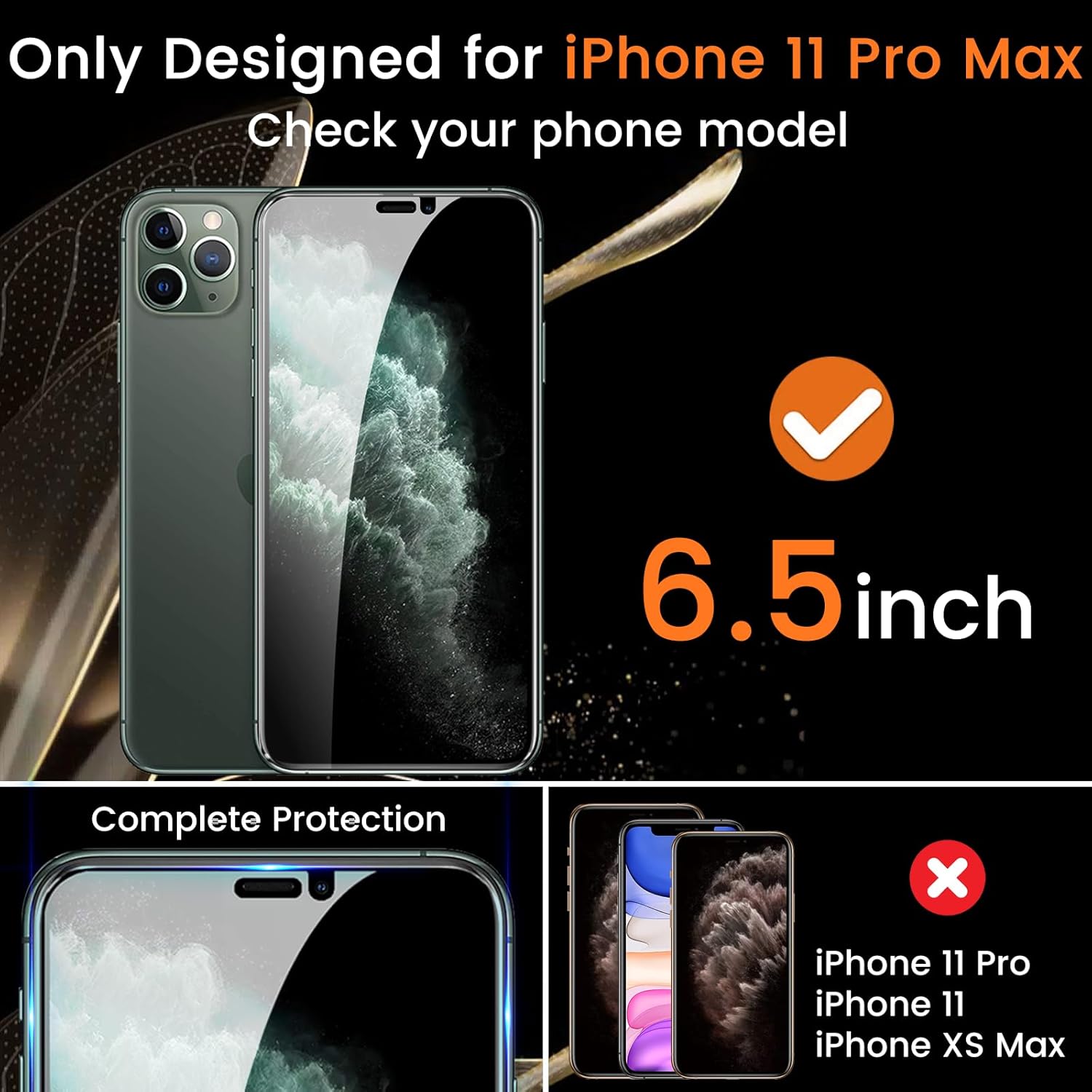 3+3 Pack Privacy Screen Protector for iPhone 11 Pro Max 6.5-Inch with 3 Pack Camera Lens Protector, Anti Spy Tempered Glass Film 9H Hardness Bubble Free Case Friendly