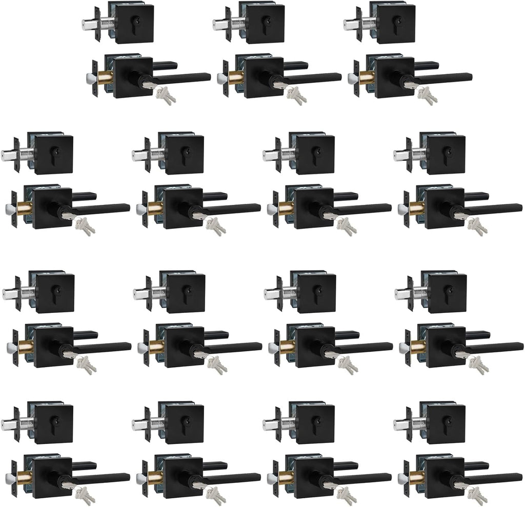 Keyed Entry Door Handle with Single Cylinder Deadbolt, Keyed Alike(Same Keys Only Per Set) Front Door/Exterior Door Lever Lockset, Matte Black, 15 Sets of Locks with 15 Sets of Different Keys