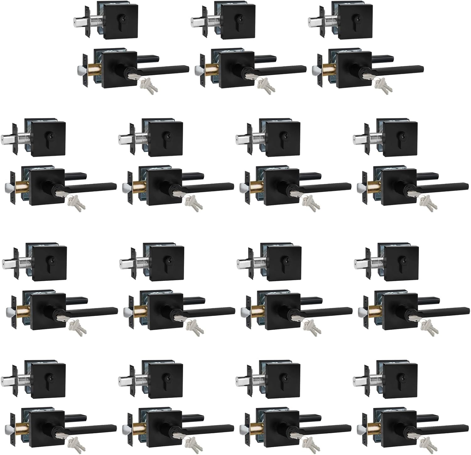 Keyed Entry Door Handle with Single Cylinder Deadbolt, Keyed Alike(Same Keys Only Per Set) Front Door/Exterior Door Lever Lockset, Matte Black, 15 Sets of Locks with 15 Sets of Different Keys