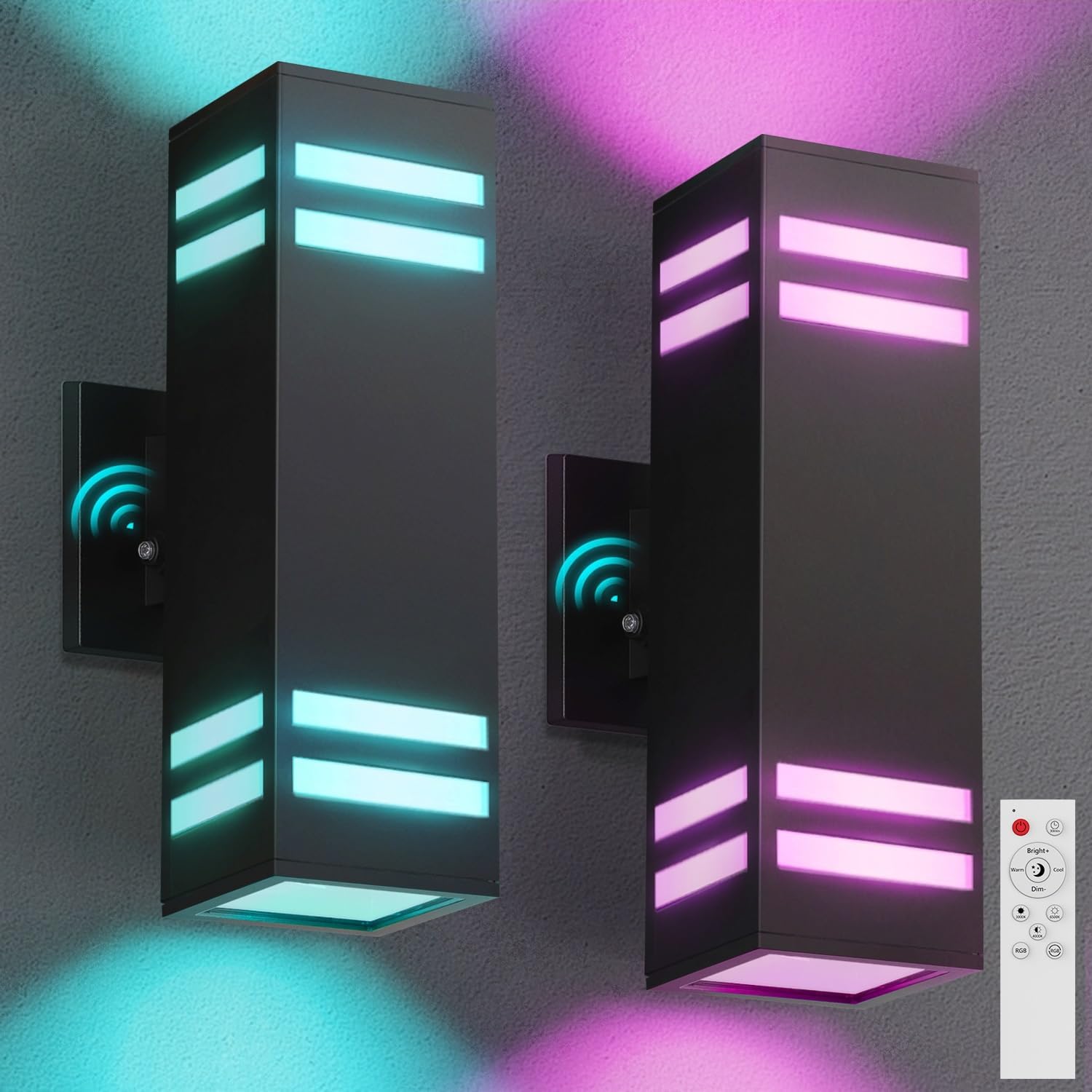Outdoor Smart Wall Lights 2 Pack, Aluminum Exterior Lighting Fixtures Dusk to Dawn Color Changing Outdoor Lights with Matte Black Finish for Outside Decor, DIY Lighting Effects