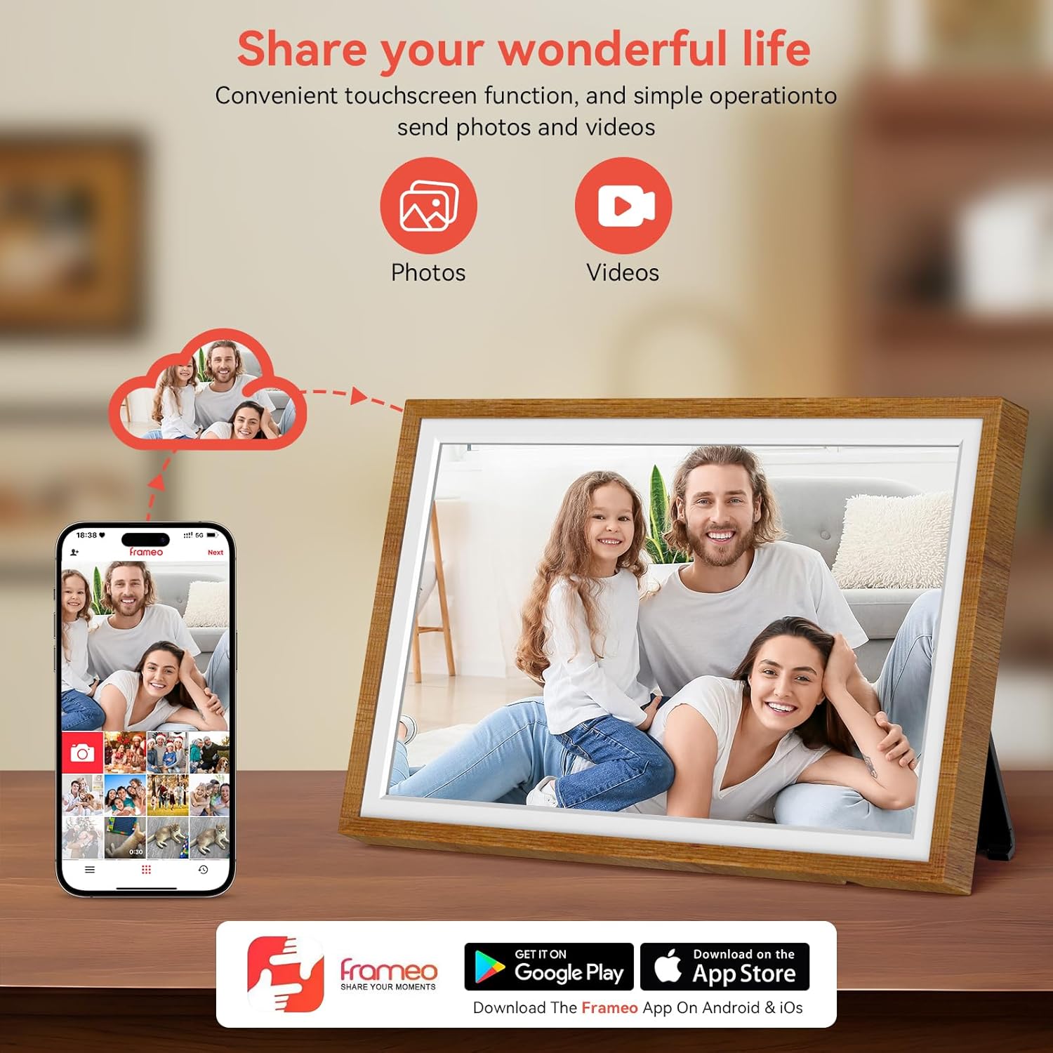 Frameo 10.1" Digital Picture Frame with 32GB Memory WiFi Electronic Photo Frame Wood HD Touch Screen Auto-Rotate Slideshow Wall Mountable Share Photos/Video Remotely Anywhere(Warm Wood)