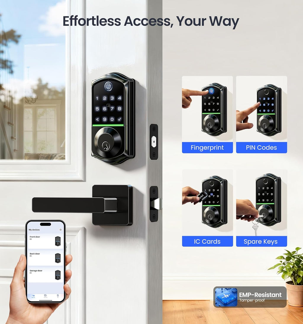 Veise VE017-B Fingerprint Smart Lock for Front Door, App Control, 7-in-1 Keyless Entry Deadbolt with 2 Zinc Alloy Lever Handles Set, Emergency Power Port, Auto Lock, Electronic Keypad, Black