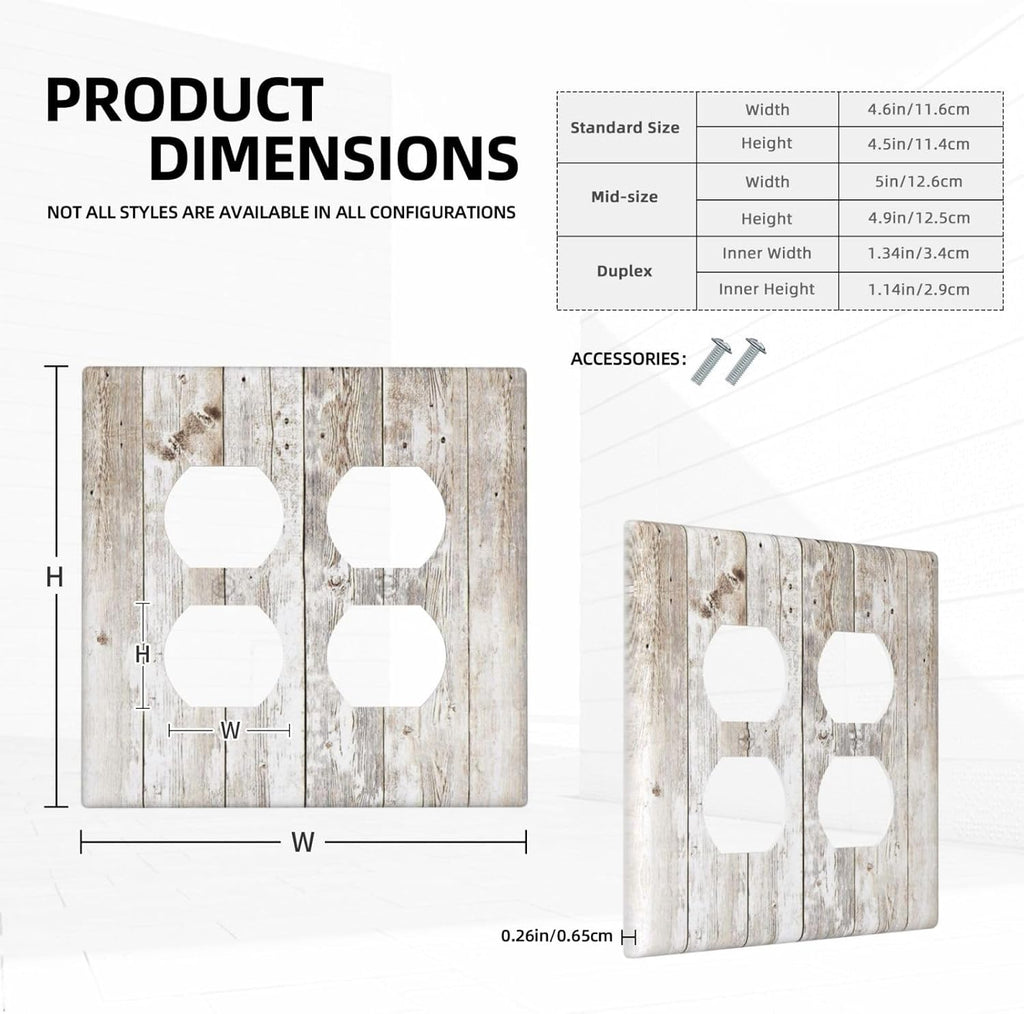 Vintage Light Wood Retro Rustic White Gray Oak Print Outlet Covers 2 Gang Double Duplex Decorative Light Switch Covers Electrical Wallplates Socket Faceplate for Farmhouse Home Decor