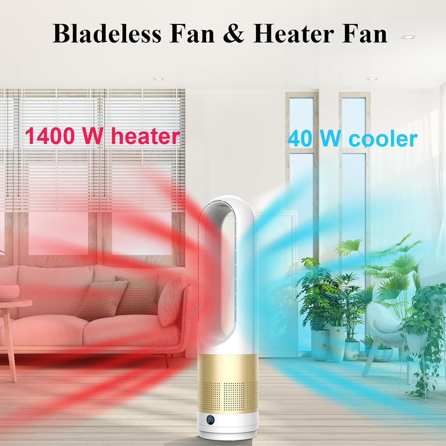 Bladeless Heater and Fan Combo, 1400 Watt Heater Fan and 40 Watt Cold Fan, 80° Oscillating Fan, All the Season Use, Remote and Touch Control, Floor Tower fan, Office Room, Bedroom, Silver Gold