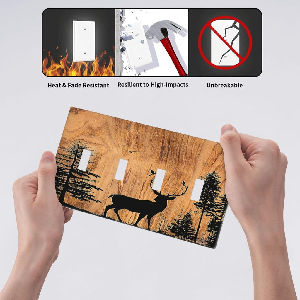 Light Switch Covers Rustic Farmhouse Orange Brown Pine Tree Deer Wood Grain Quad Toggle Electrical Faceplate 4 Gang Wall Plate Decorative Switch Plates for living Room Cabin Decor