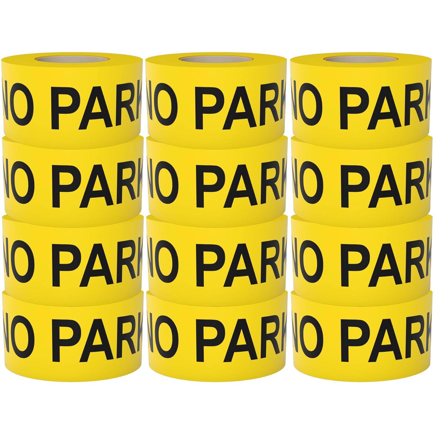 Caution No Parking Tape 12 Pack 3 inch X 1000 feet • Bright Yellow with a Bold Black Print for High Visibility • 3 in. Wide for Maximum Readability • Tear Resistant