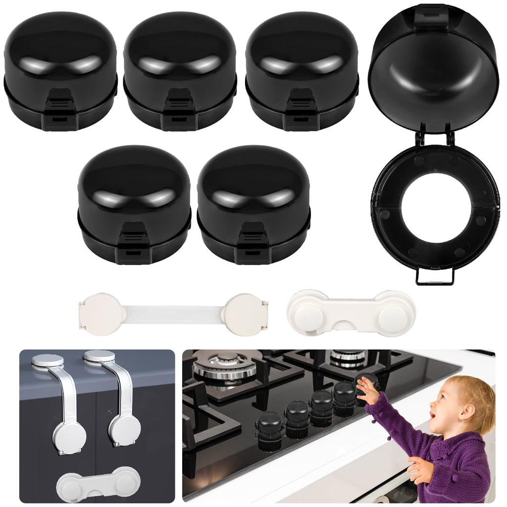 Press Gas Stove Knob Locks,6 Pack Stove Knob Safety Covers and 2 Pack Cabinet Door Child Lock with Strong Double-Sided Tape,Heat-Resistant Gas Stove Knob Protectors for Child Safety/Pet Safety