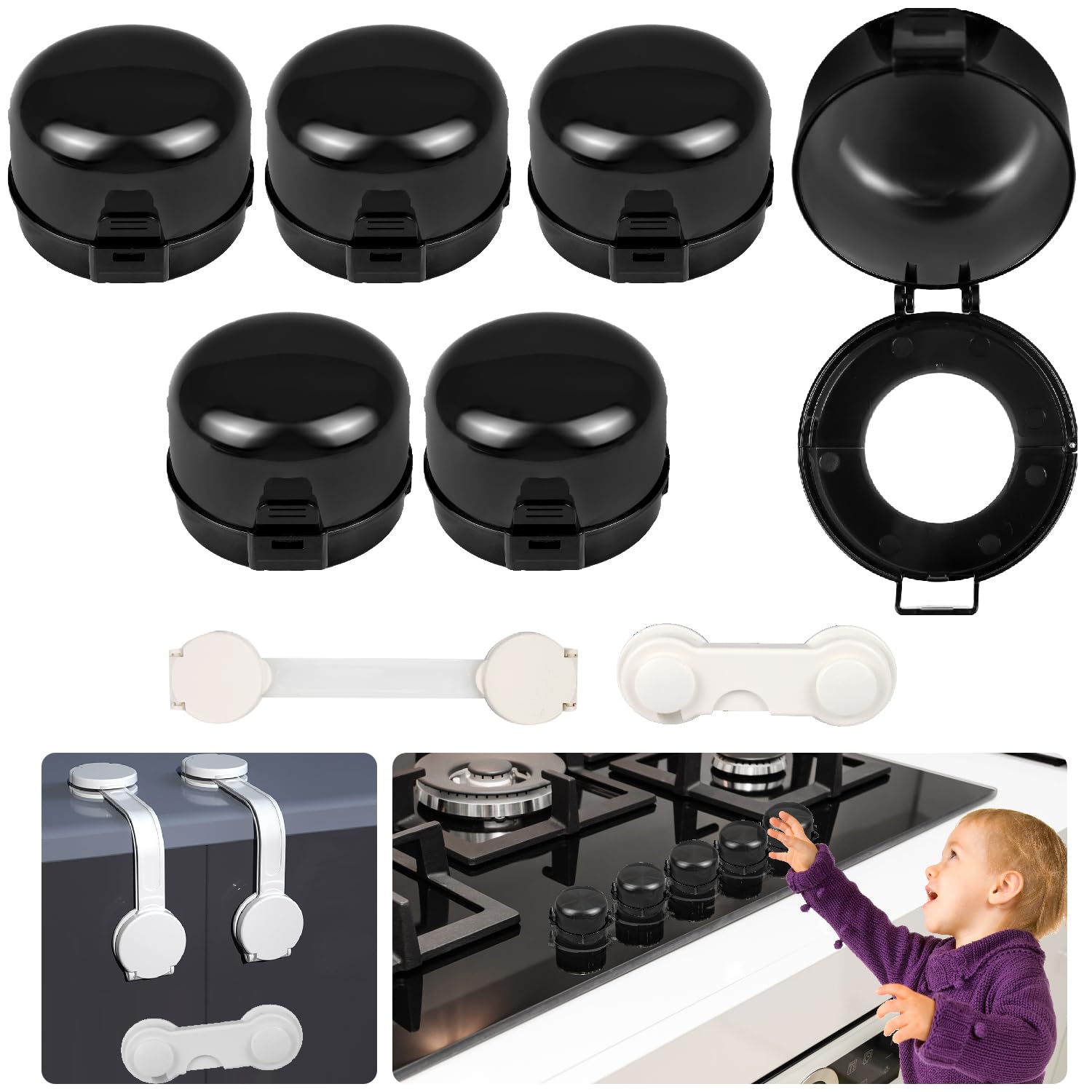 Press Gas Stove Knob Locks,6 Pack Stove Knob Safety Covers and 2 Pack Cabinet Door Child Lock with Strong Double-Sided Tape,Heat-Resistant Gas Stove Knob Protectors for Child Safety/Pet Safety