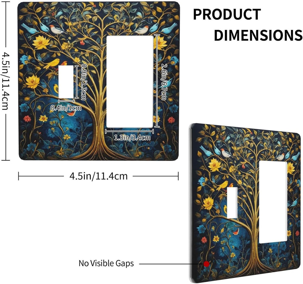 Gold Tree With Birds Flowers on Branches Light Switch Covers 2 Gang Single Toggle Rocker Combination Wall Plate Cover Electrical Faceplate Decorative Switchplate for Farmhouse Living Decor