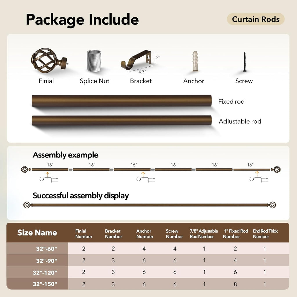 Curtain Rods for Windows 48 to 84, 1 Inch Adjustable Decorative Bronze Curtain Rod with Twisted Cage End, Modern Heavy Duty Drapery Rods for Bedroom, Telescoping Splicing Structure, Size 32"-90"