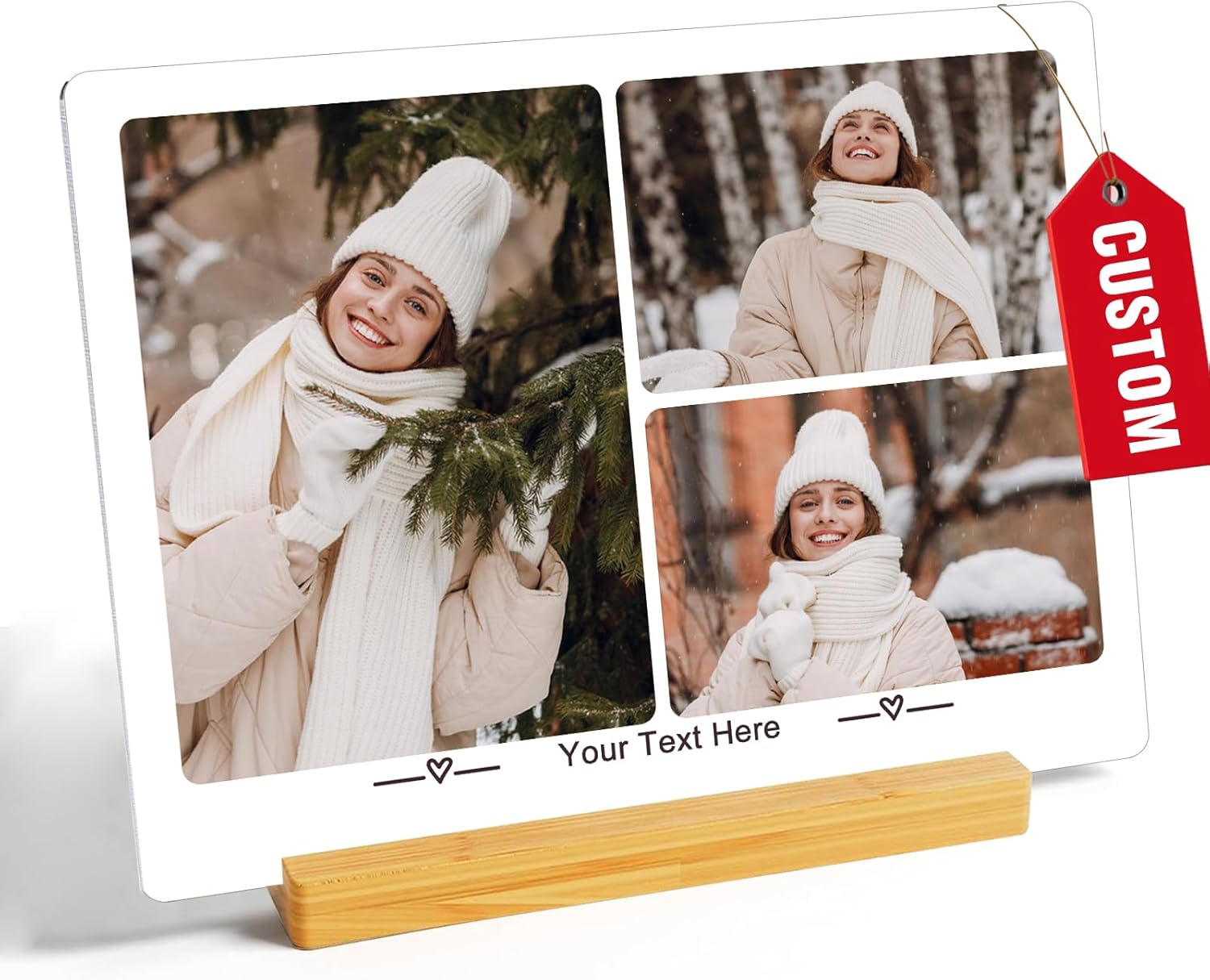 Custom Photo Prints - Metal Desktop Picture Frame with Collage Photos & Text & Wooden Base Personalized Gifts for Family Friends Lovers and Pets, Optional Multiple Sizes