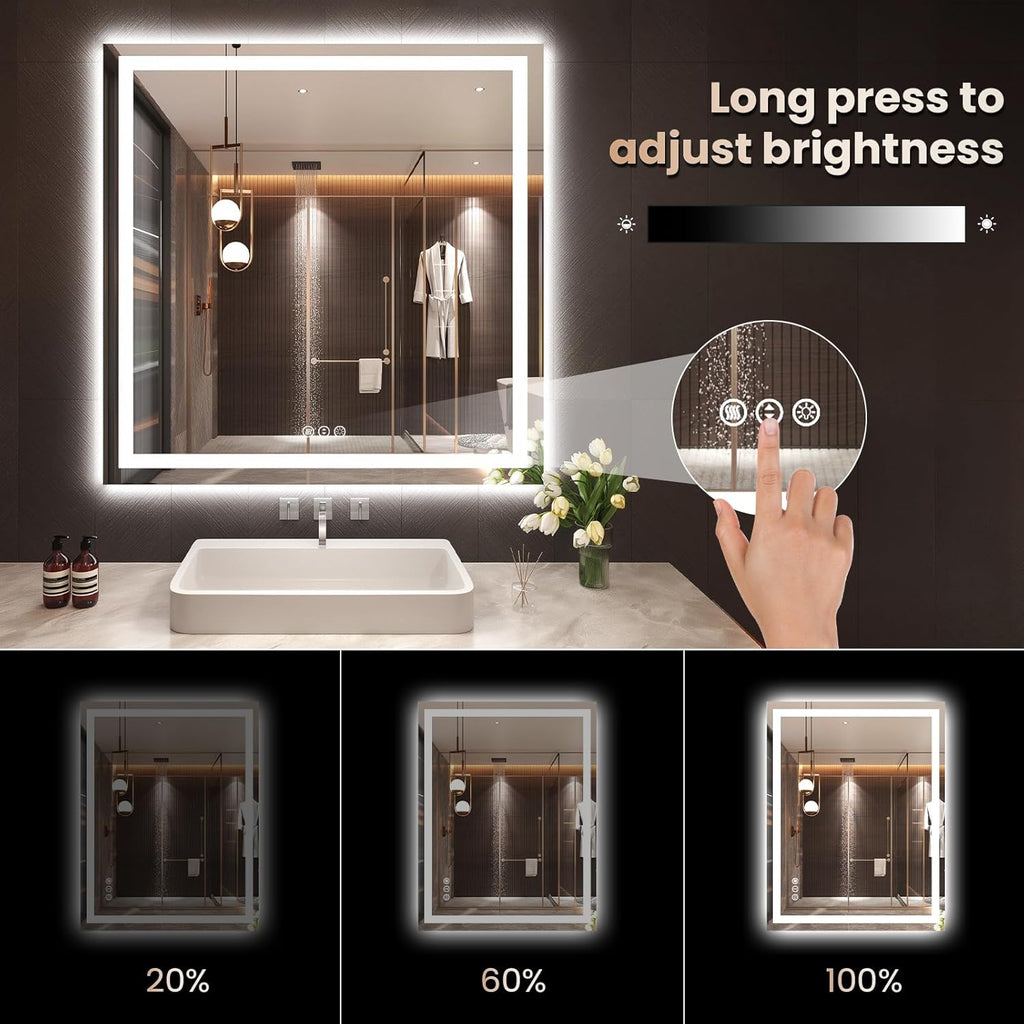 28"X36" LED Bathroom Mirror with Front Lights and Backlit, Anti-Fog, Dimmable, Shatter-Proof Tempered Glass, Lighted Bathroom Vanity Mirror for Wall with 3 Colors, Memory Function