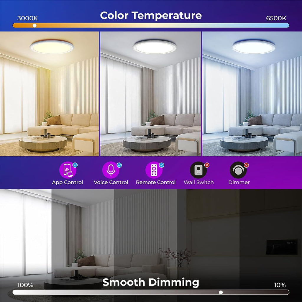 BLNAN Smart RGB LED Flush Mount Ceiling Light with Remote, 13 Inch 24W Dimmable Color Changing Low Profile Wired White Fixture, Works with Alexa Google Home App for Bedroom Living Kids Room Party