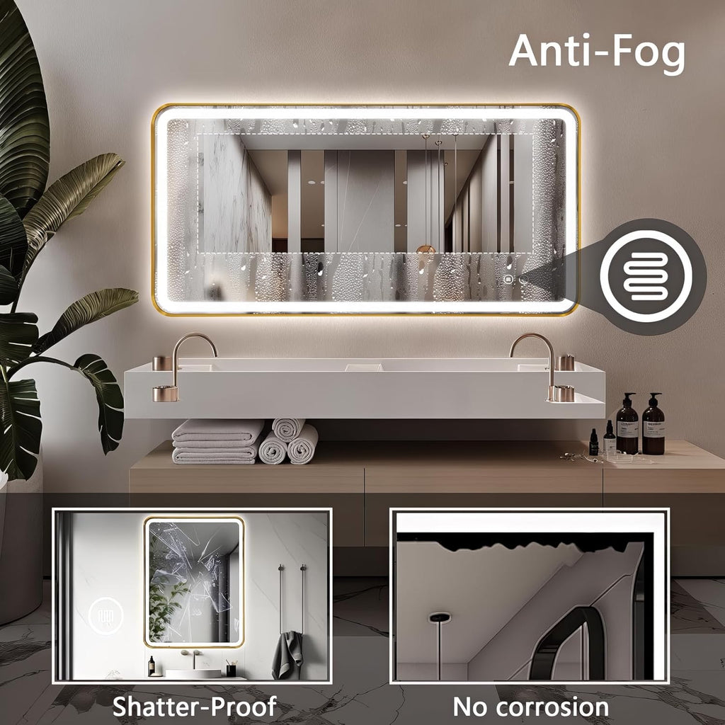 48"x24" Lighted Vanity Mirror with Lights, Gold Metal Frame Led Mirror for Bathroom, Anti-Fog Wall Mirror with Front and Backlit, Shatterproof, 3 Colors Stepless Dimmable, Horizontal/Vertical