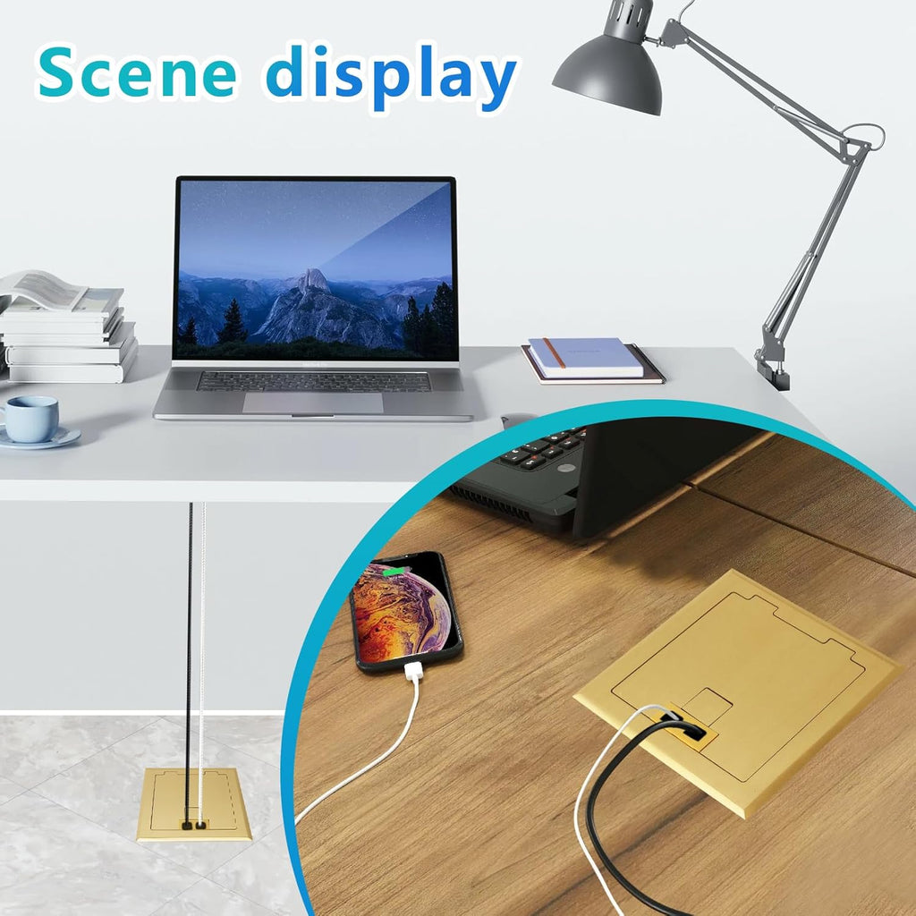 KYHSHJ Recessed Flat Hidden Socket Kit with 2 * 15A Receptacle，4.8A*2 USB-A Ports +3-Port RJ45 Datacom Receptacle. Internal Height Adjustable，Corrosive Resistant Hardware,Brass