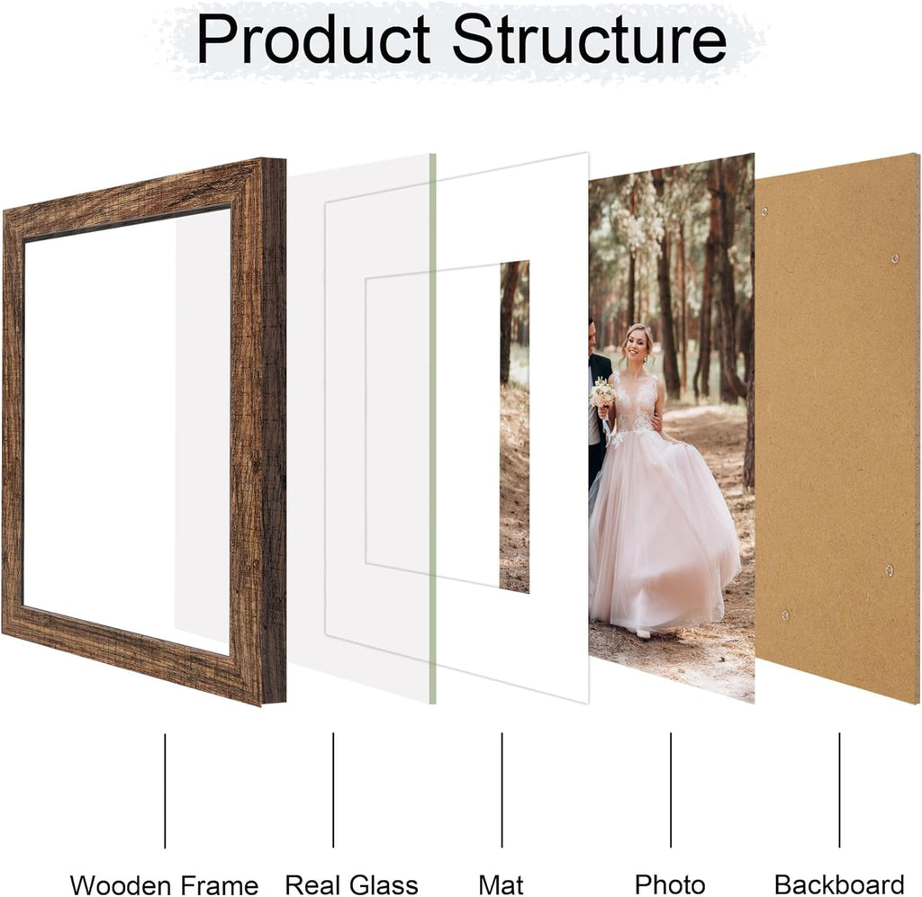 iRahmen 9x12 Picture Frame Set of 4 with Tempered Glass, Wooden Rustic Frame Display 6x8 Pictures with Mat or 9 x 12 Without Mat, Photo Frame for Wall Mount and Tabletop Display