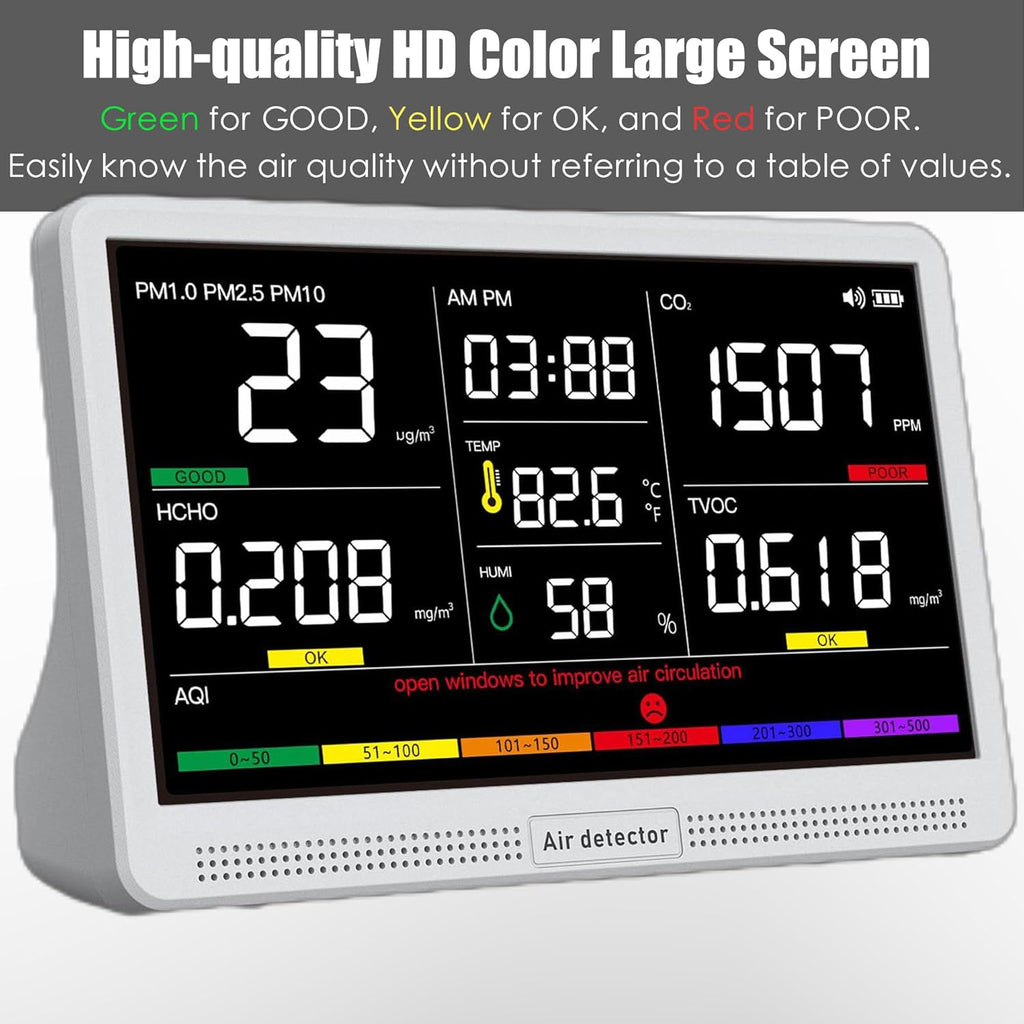 Professional Indoor Air Quality Monitor with 7X AQI Beep Alarms,16 in 1 Portable Real-Time Detector for PM2.5 | PM10 | CO2 | TVOC | HCHO | Temp | Hum for Home Cars Plants Pets