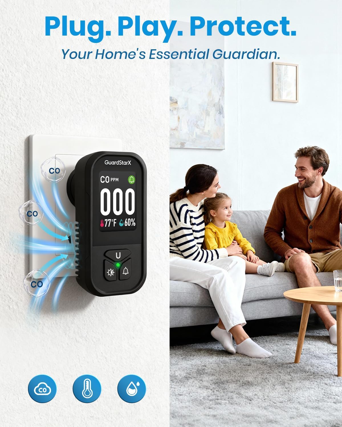 X-100D 3-in-1 Carbon Monoxide Detectors Plug in, 180°Rotating Display, Portable Carbon Monoxide Detector for Travel, CO Detector with Triple Alerts, Early Warning for Home, RV, Hotel - Black