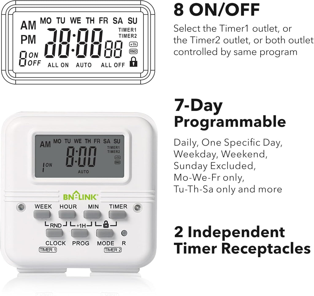 BN-LINK Indoor Digital Light Timer, 7 Day Programmable Plug with 2 Independent 3-Prong Outlets, for Lamps, Fans, 2 On/Off Settings, 1 Pack, 15A/1875W, ETL Listed