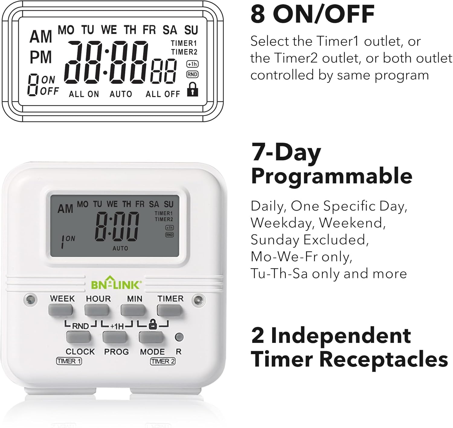 BN-LINK Indoor Digital Light Timer, 7 Day Programmable Plug with 2 Independent 3-Prong Outlets, for Lamps, Fans, 2 On/Off Settings, 1 Pack, 15A/1875W, ETL Listed
