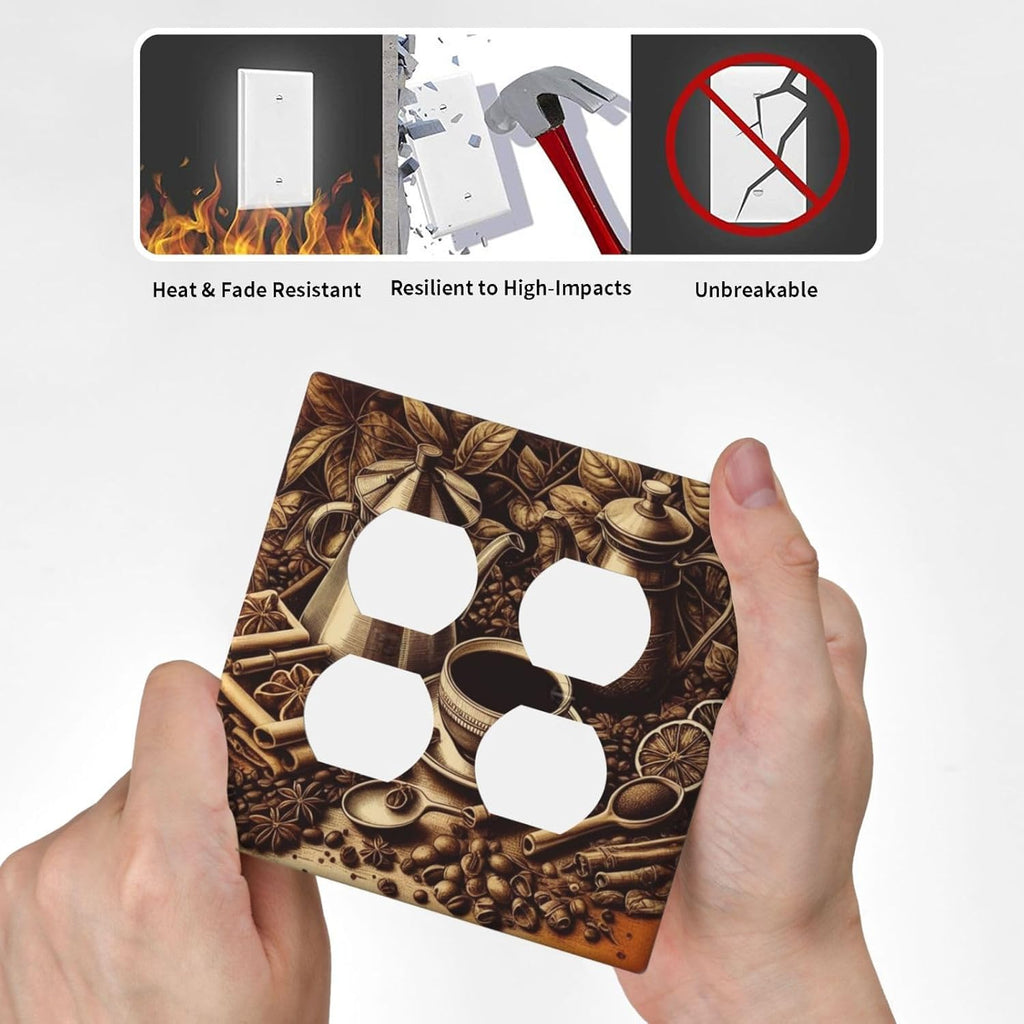 Decorative Outlet Covers Vintage Coffee Beans Leaf Cup 2 Gang Wall Plate Cover Double Duplex Receptacle Two Switch Light Switch Cover Plate Jumbo Dual Faceplate