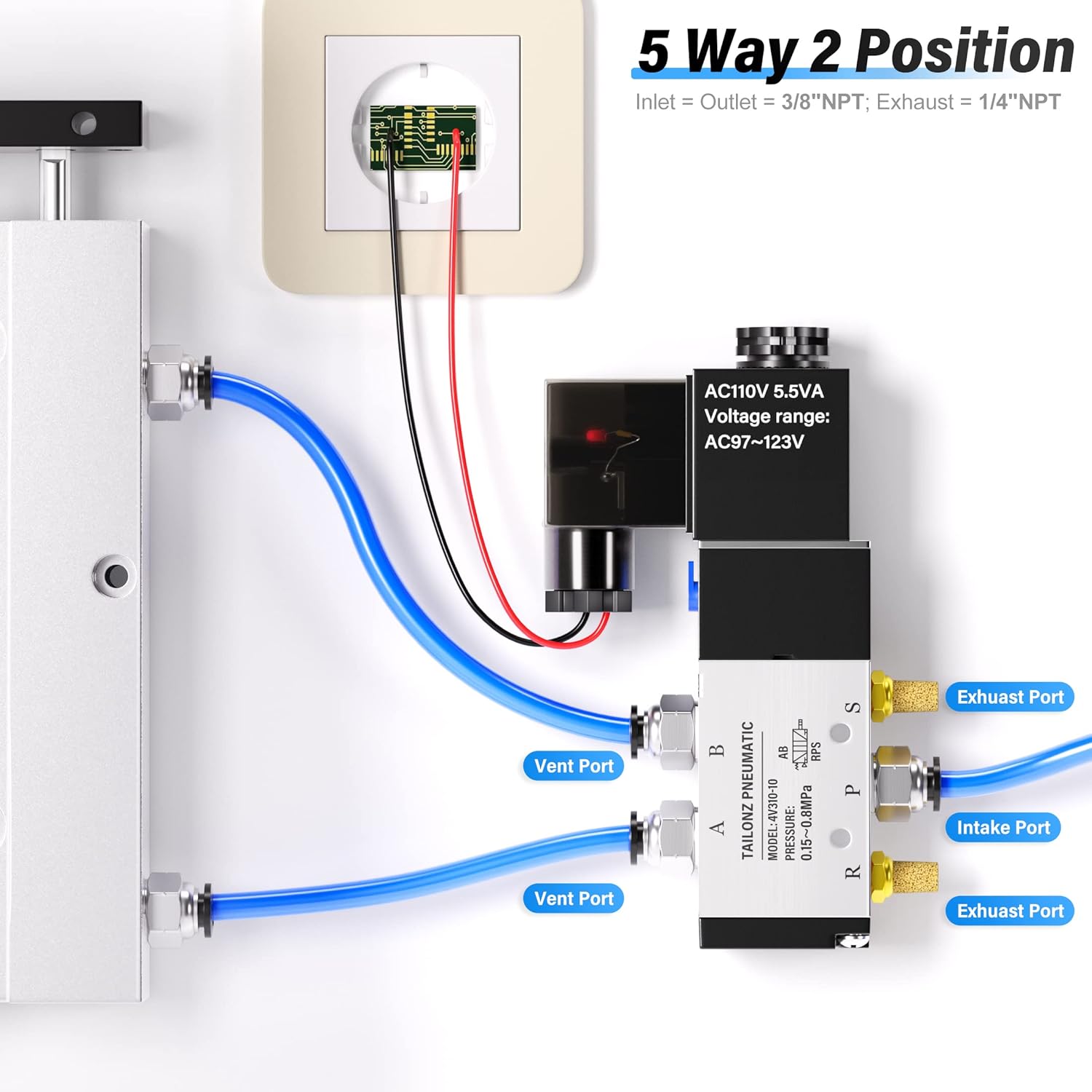 TAILONZ PNEUMATIC 3/8"NPT Solenoid Valve 4V310-10 AC110V Single Coil Pilot-Operated Electric 2 Position 5 Way Connection Type Junction Box