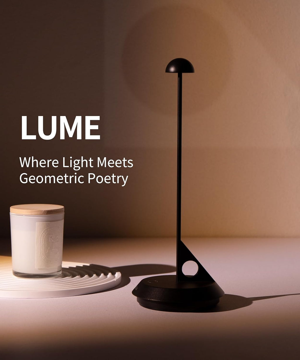Cordless Table Lamp - LUME, Geometric Aesthetics, Magnetic Charging, Dimmable & Adjustable Lighting, IP65 - Portable Rechargeable LED Lamp for HoReCa, Bedroom, Living Room, Outdoor Use (Black)