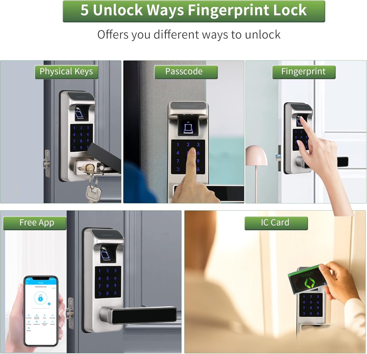 Harfo Smart Door Lock, Heavy Duty 5 in 1 Keyless Entry Door Lock, Full App Control Digital Keypad Lock, Reversible Handle with Fingerprints and Passcodes for Family/Office/Apartment (Satin Nickel)