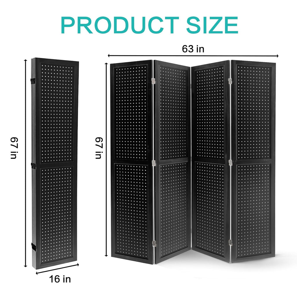 Babion 4 Panel Pegboard Display, Peg Board Room Divider Freestanding Folding Privacy Screens Display Stand for Craft Shows (Black)
