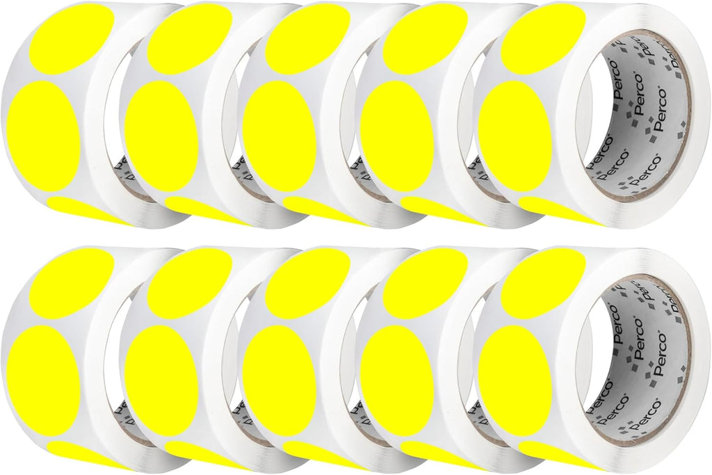 Perco Fluorescent Yellow 2-Inch Perforated Circle Dot Sticker Labels — 10 Rolls, 5,000 Round Stickers — with Permanent Adhesive for Organizing, Color Coding, Bin Labeling, Packaging Alerts—Made in USA