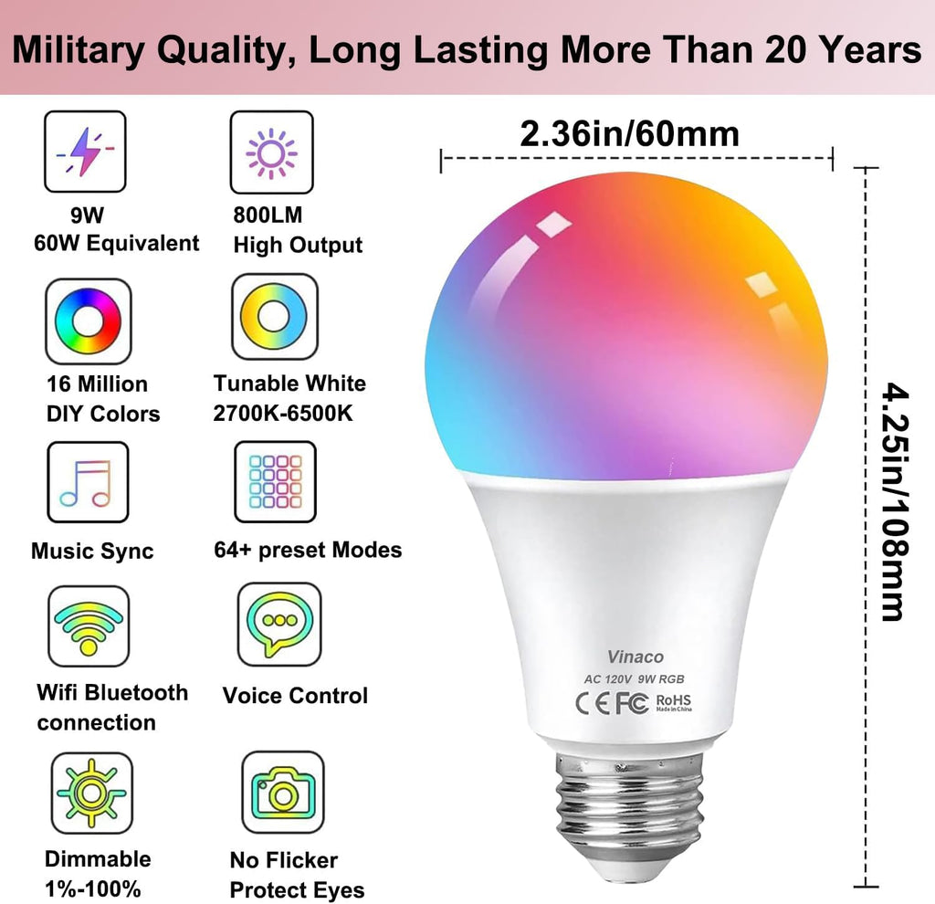 Vinaco A19 Smart LED Bulb 9W 800LM, 60W Equivalent, RGB Color Changing Light Bulb Work with Alexa & Google Assistant, WiFi Bluetooth Light Bulbs E26 Base, Smart A19 Dimmable Light, No Hub Needed