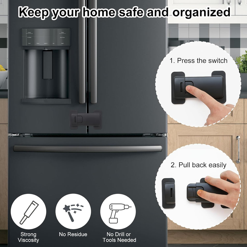 Fridge Locks for Kids, Child Proof Refrigerator Lock, Baby Safety French Fridge Door Lock, Child Cabinet Locks with Strong 3M Adhesive, No Drill, Tool-Free Install (1 Pack, Black)