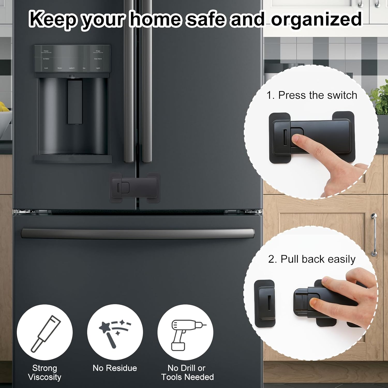 Fridge Locks for Kids, Child Proof Refrigerator Lock, Baby Safety French Fridge Door Lock, Child Cabinet Locks with Strong 3M Adhesive, No Drill, Tool-Free Install (1 Pack, Black)