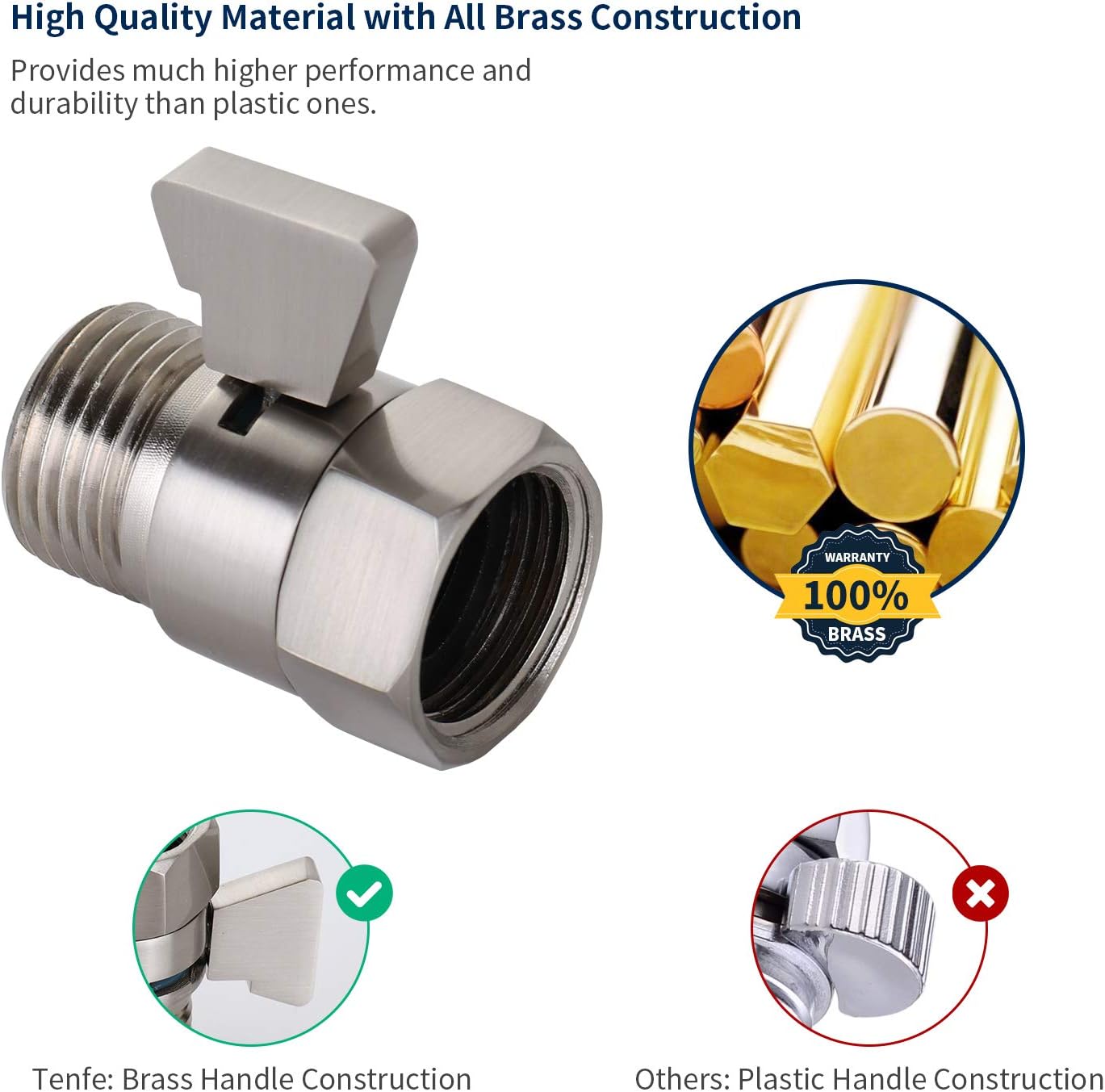 Tenfe Water Flow Control Valve, Brushed Nickel Shut Off Valve for Hand shower Adjustable Water Pressure Turn off Valve, Brass G1/2 Standard Connection