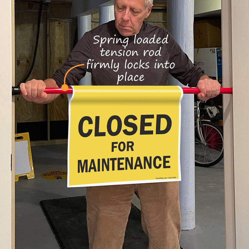 SmartSign "Closed For Maintenance" Hanging Doorway Barricade Sign, Spring-loaded Adjustable Twist-To-Tighten Aluminum Pole & 11.25" x 18" Vinyl Safety Sign Kit, Black/Yellow, USA-Made